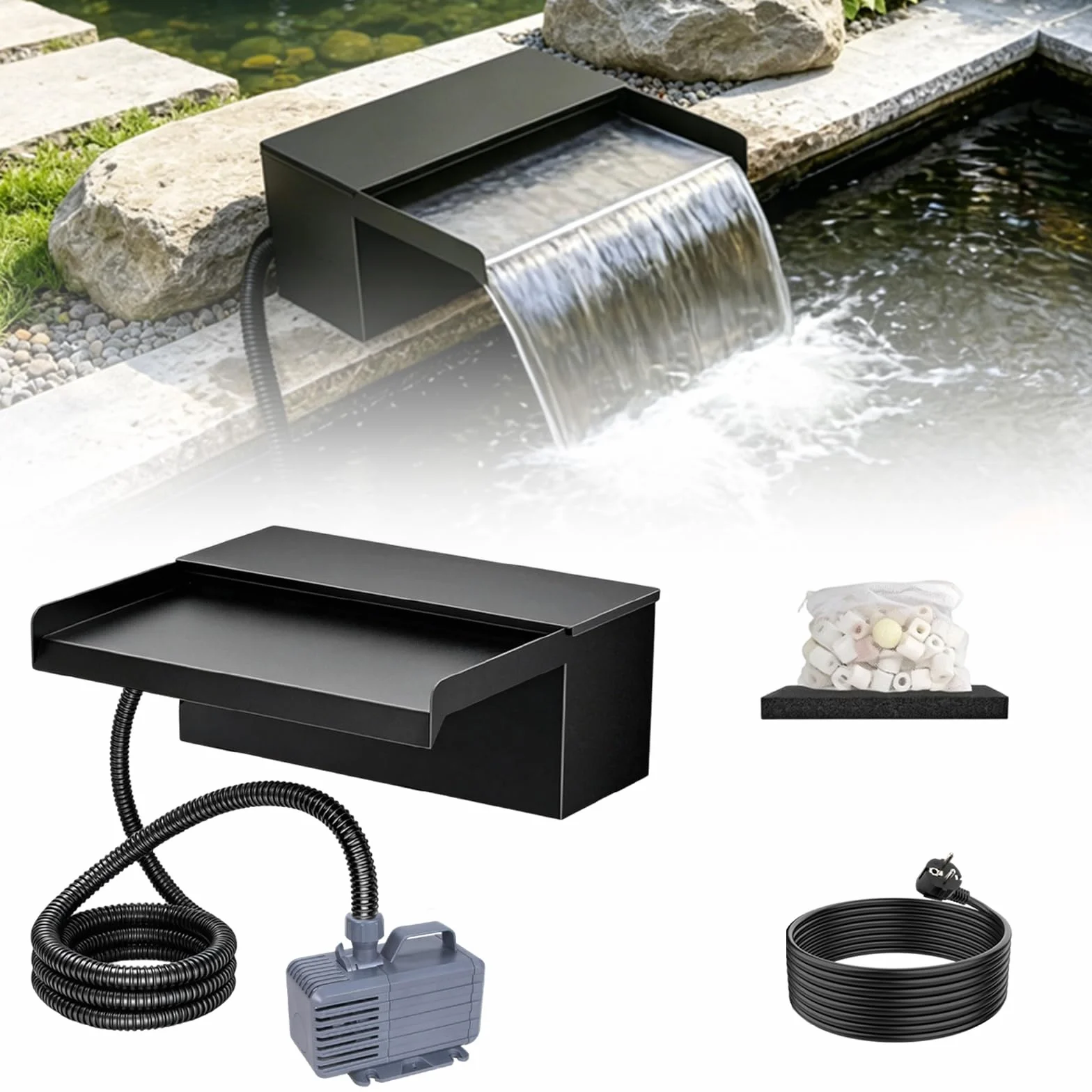 Cascade de bassin en acier inoxydable 20 cm avec pompe 2500 l/h et filtre, tuyau 3 m résistant au gel