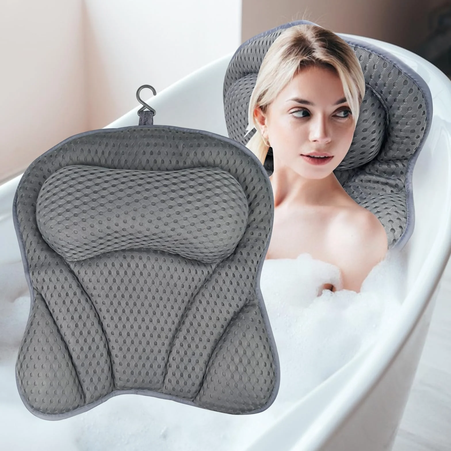 Chiluxendo Coussin Baignoire Adulte 4D Air Mesh avec 6 Ventouses Repose Tête Antidérapant (Gris)
