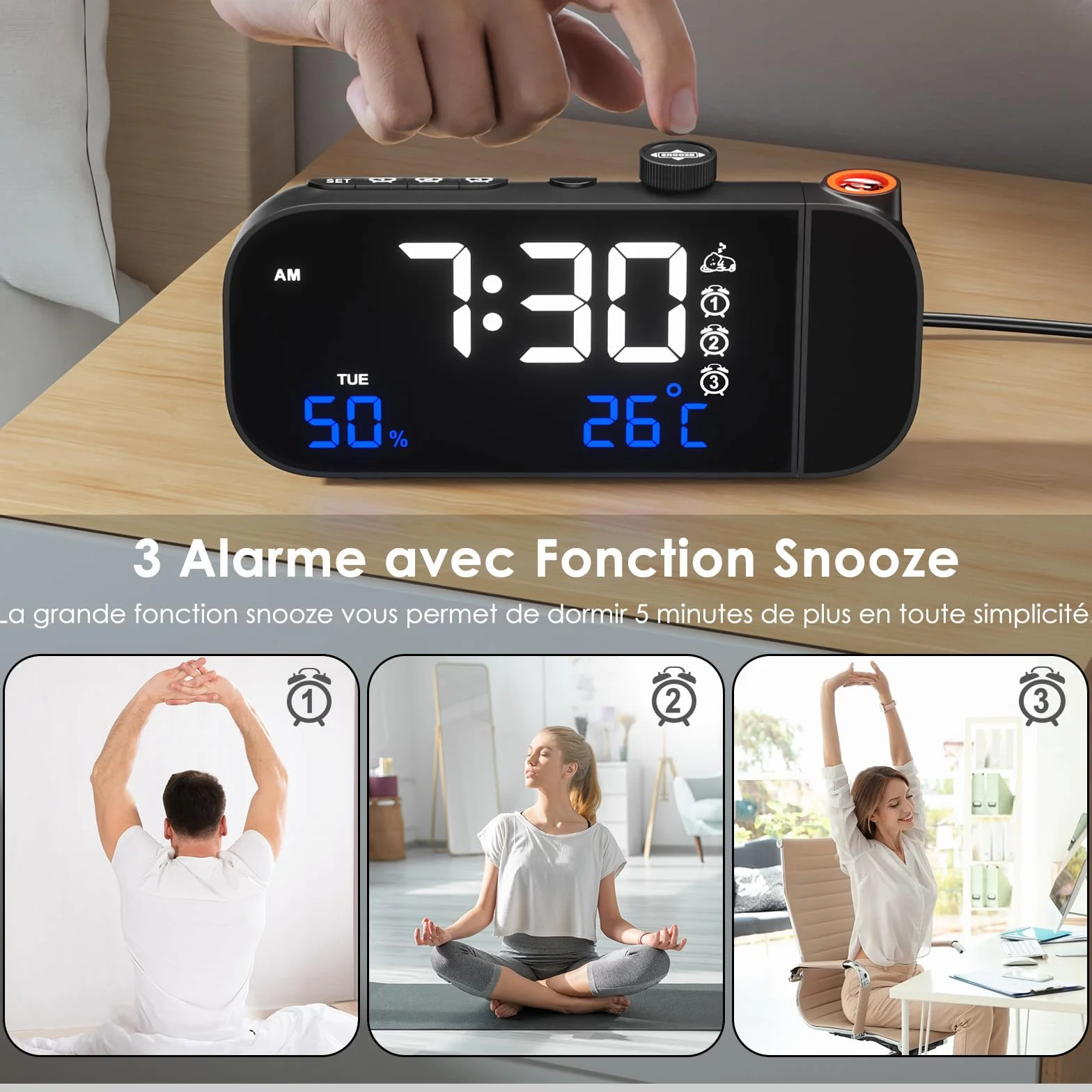 MOSUO Réveil Projecteur Plafond Numérique LED avec Température Humidité Snooze Activation Sonore Luminosité Réglable