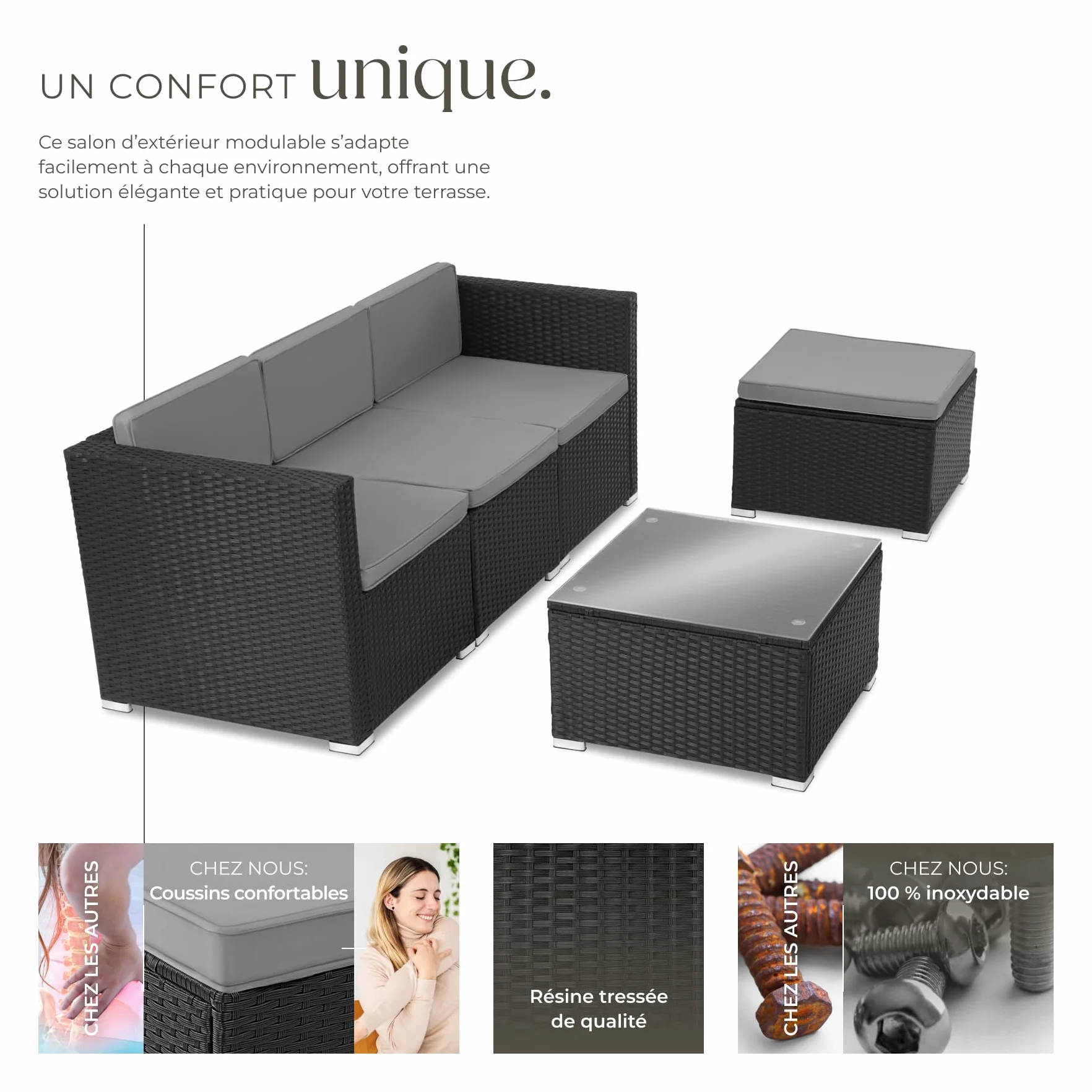 Tectake Ensemble Salon de Jardin Exterieur en Poly Rotin Modulable 4 Places 3 Fauteuils 1 Pouf 1 Table