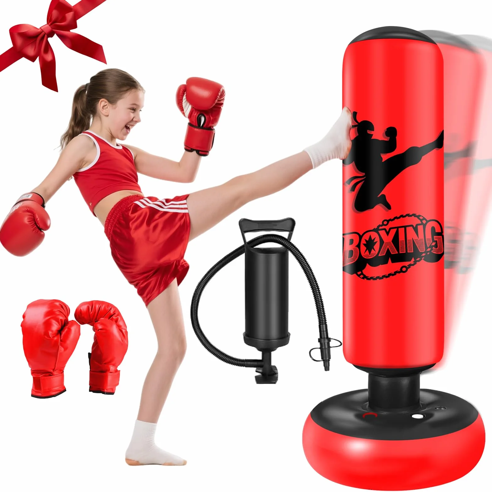 Sac de Frappe Enfant 160CM Ninonly Punching Ball Enfants avec Gants de Boxe Ultra-Résistant PVC Gonflable Sac de Boxe Cadeaux pour GarçOns et Filles 3-12 Ans pour Pratique du Karaté, Taekwondo