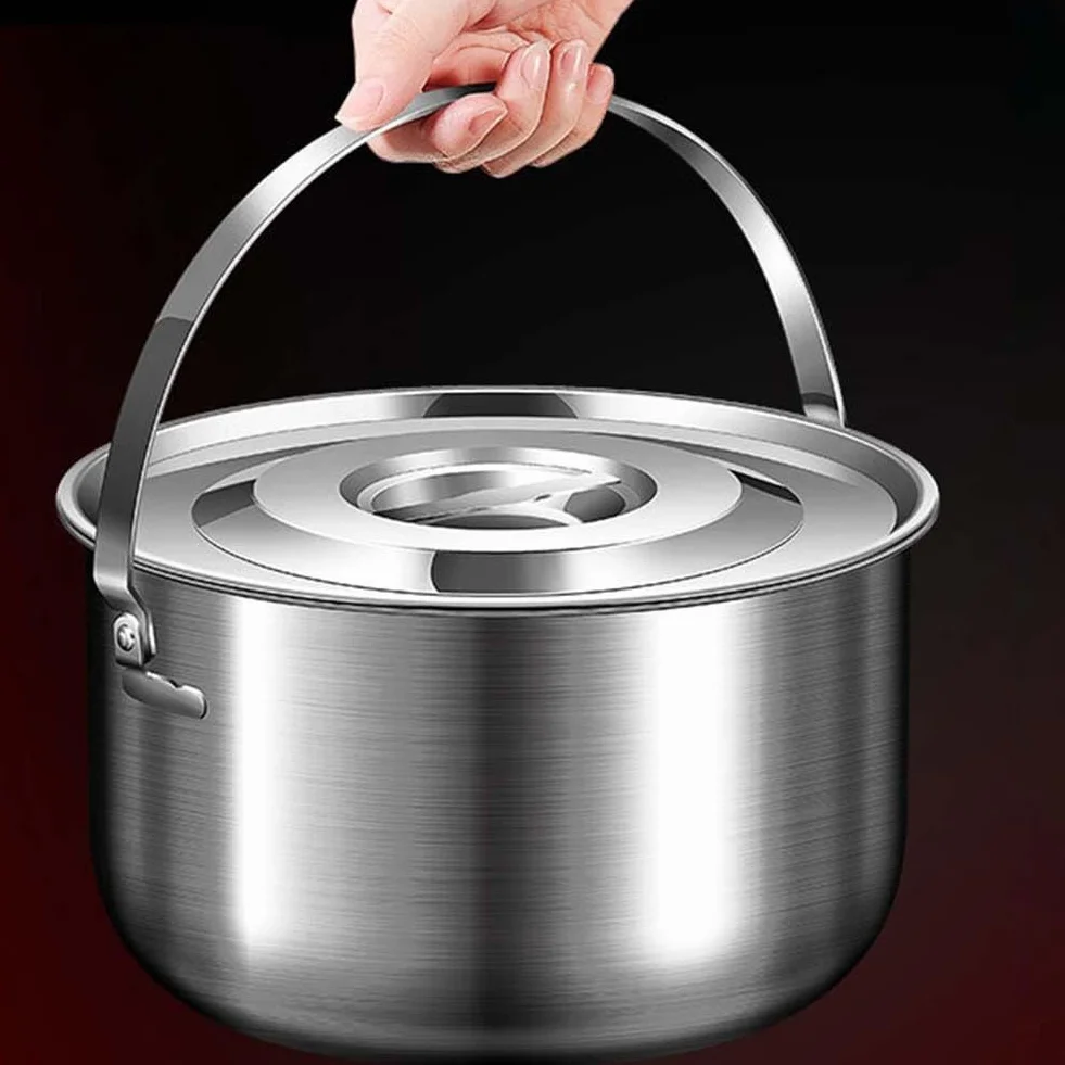 Casserole de camping en acier inoxydable avec couvercle et poignée - 1,4 L/2,4 L/4 L/6 L - Batterie de cuisine d'extérieur pour feu de camp, ragoût, bouillir et pique-niques (4 L)