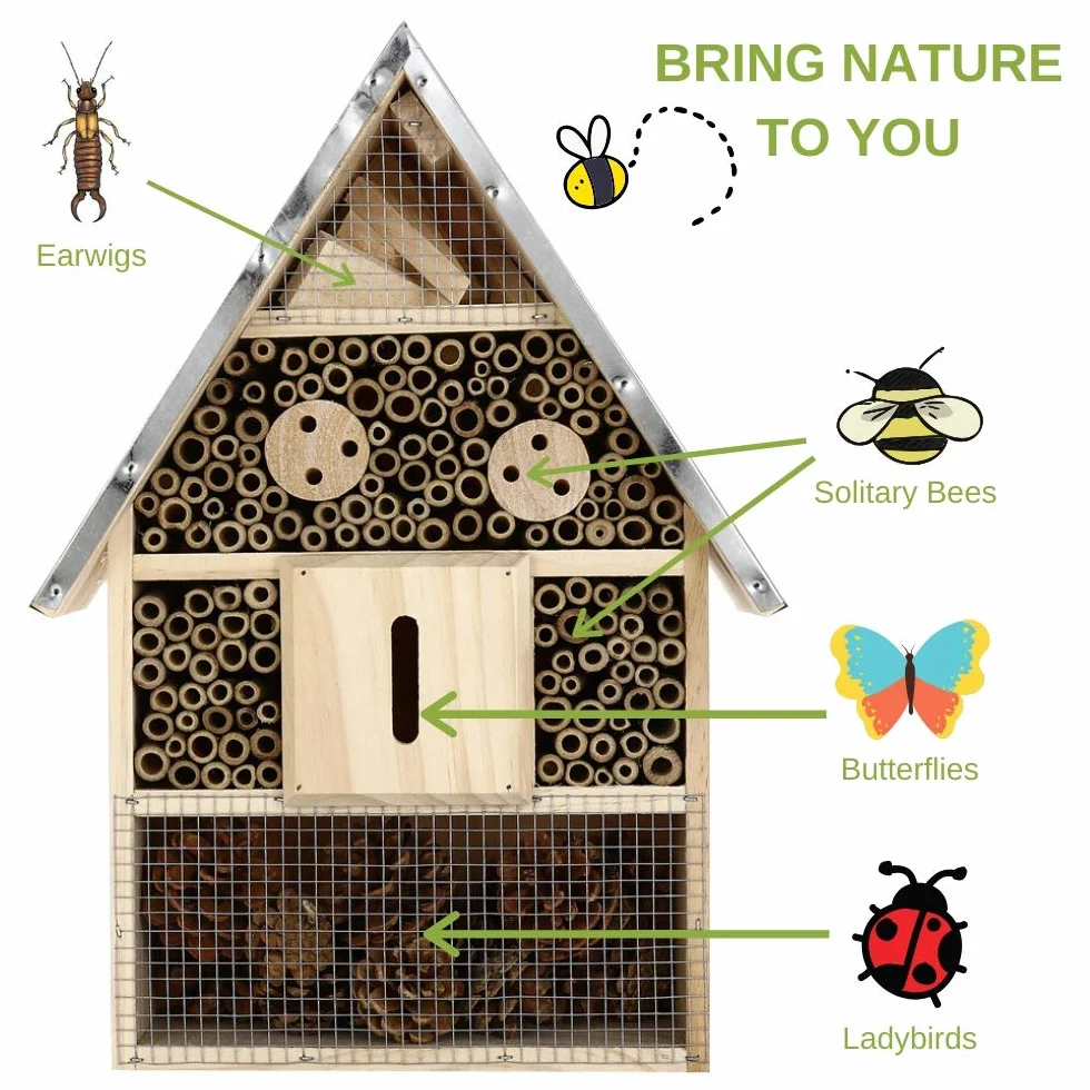 Buddy Wild Hôtel à Insectes 28 x 9,5 x 40 cm Abri de Jardin Écologique pour Abeilles Papillons Maison Bois Toit en Tôle
