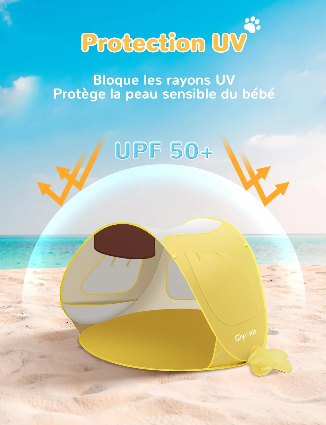 Glymnis Tente Anti UV Bébé, Tente de Plage Pop Up - Anti-UV, Haute Protection Solaire UV 50+, Ventilation - Jaune