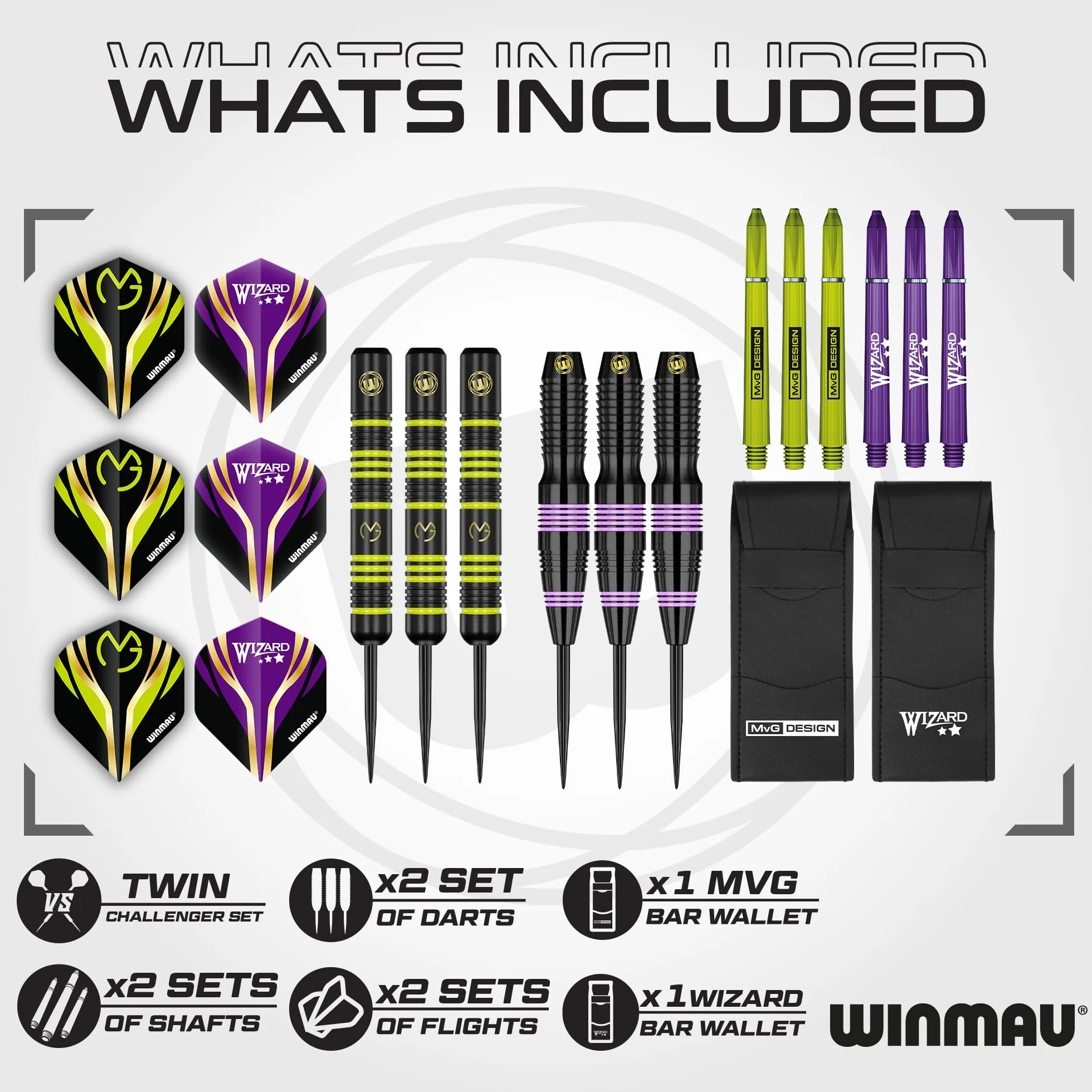 WINMAU Darts Michael 'MvG' Van Gerwen Vs Simon 'The Wizard' Whitlock | Ensemble jumeau | Fléchettes en Laiton Steeltip de 22 g avec ailettes et tiges (tiges)
