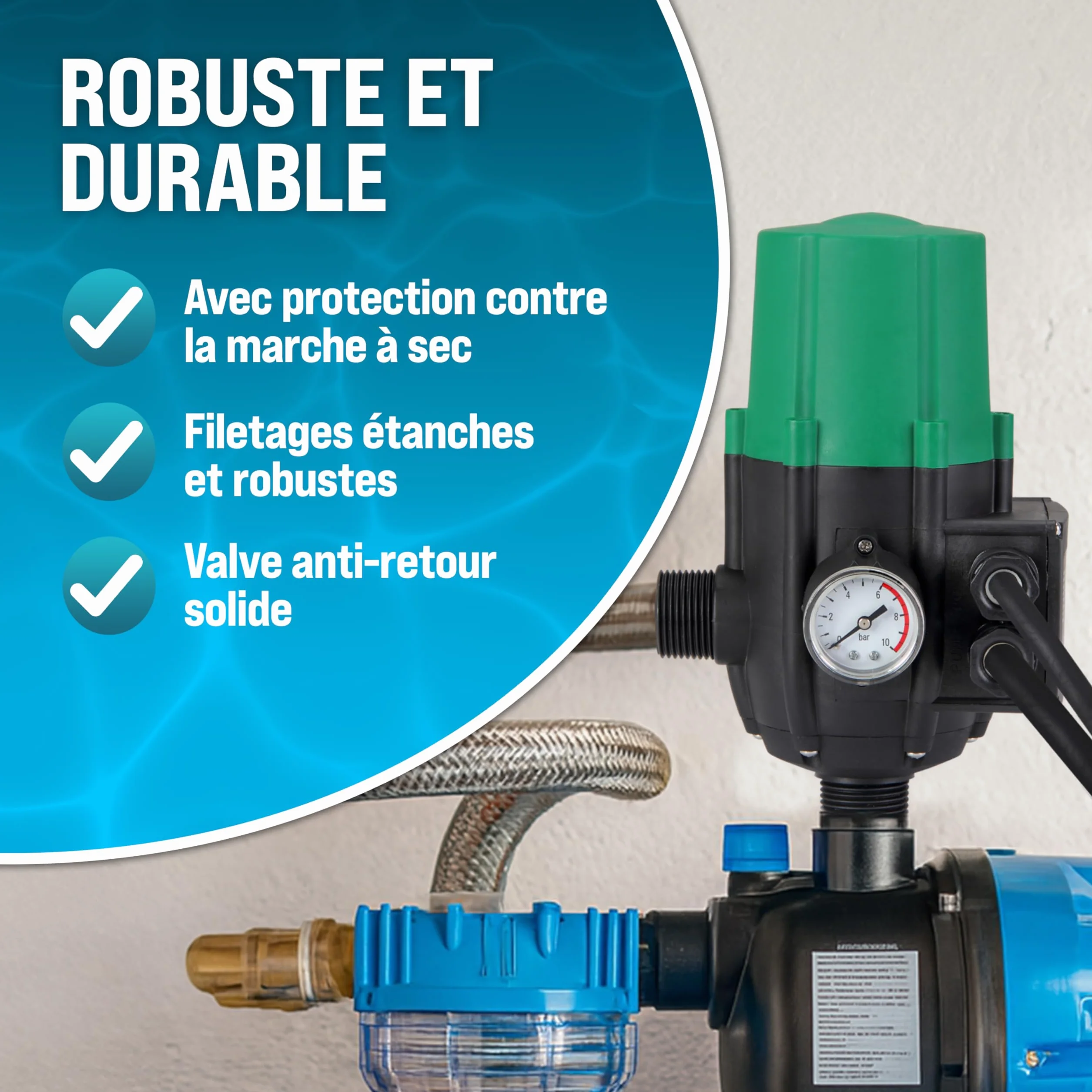 MONZANA Pressostat pompe eau 10 bar protection fonctionnement à sec manomètre interrupteur pression
