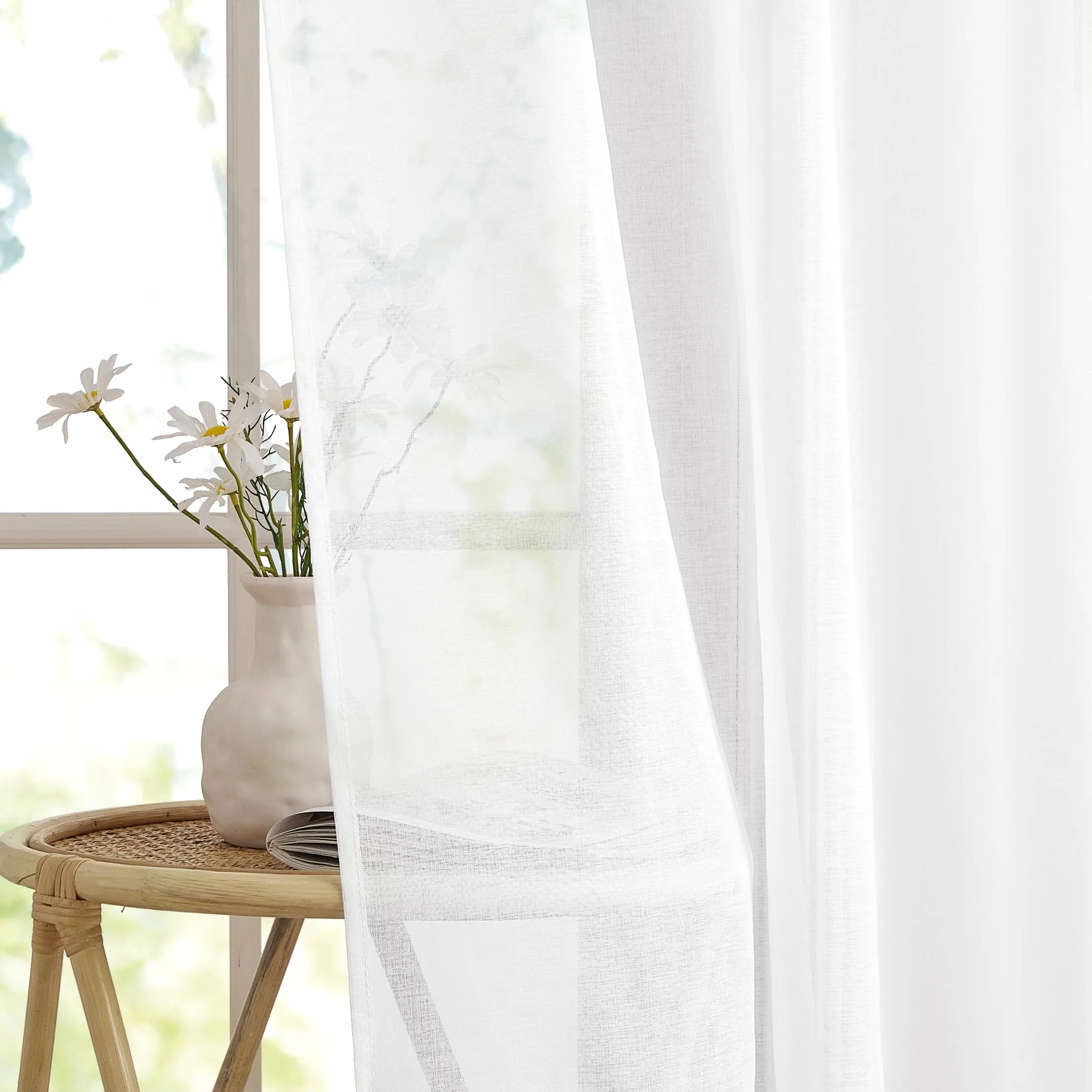 Rideau Blanc Voilage Lin Naturel 140 x 160 Lot de 2 Draperies Oeillet Romantique