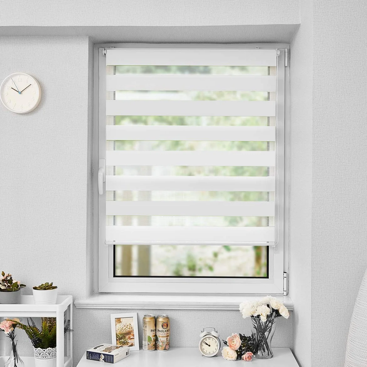 Enrouleur Jour Nuit sans Perçage Double Tissu Rideau Occultant 40x150 cm Blanc