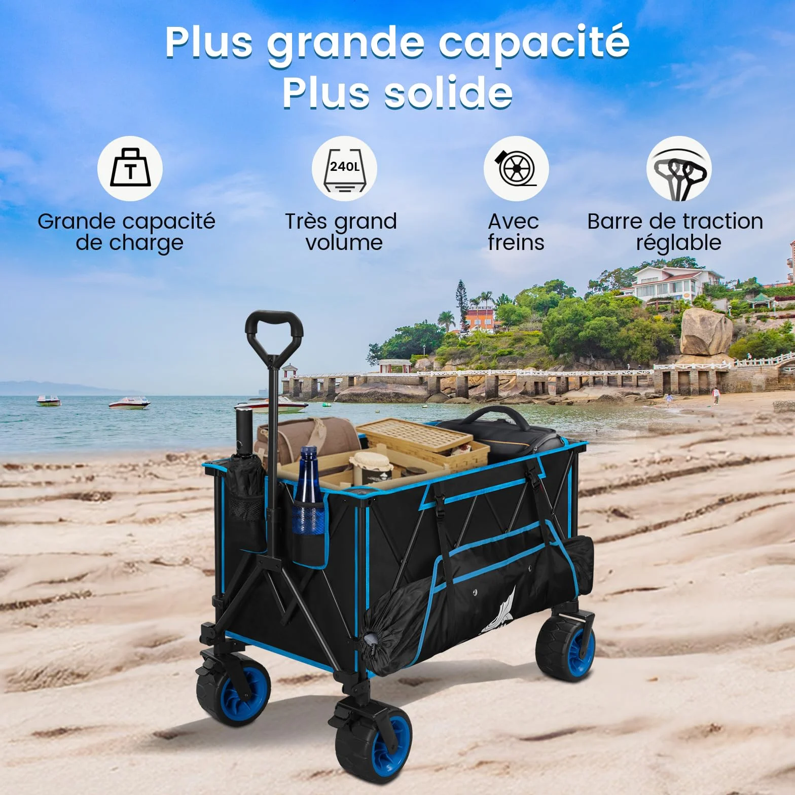 WOLTU Chariot de Jardin Pliable 120kg Tissu Oxford Acier Noir Bleu