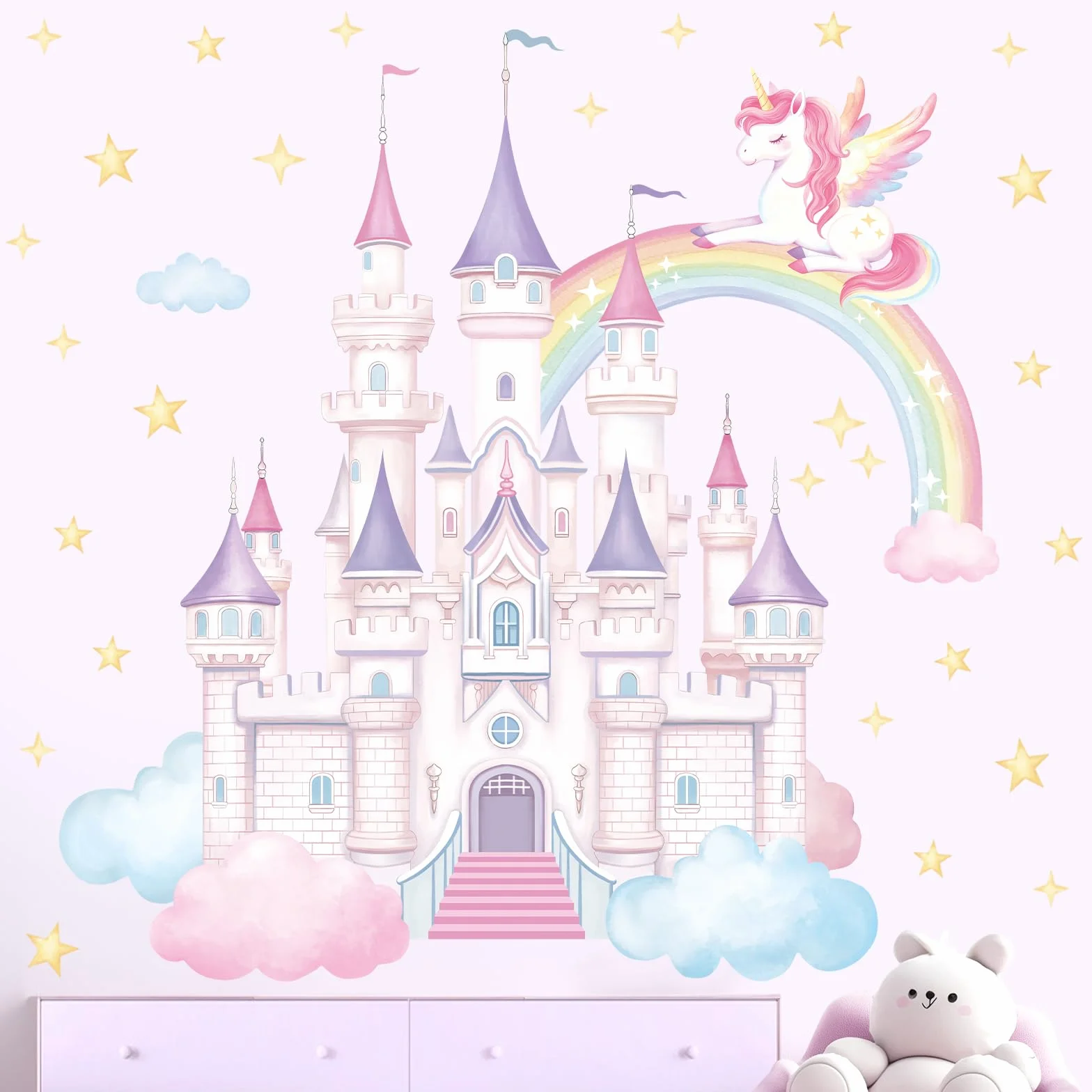 SHUCHING Stickers Muraux Châteaux Grands Licornes Arc-en-ciel Décoration Murale Chambre Enfants