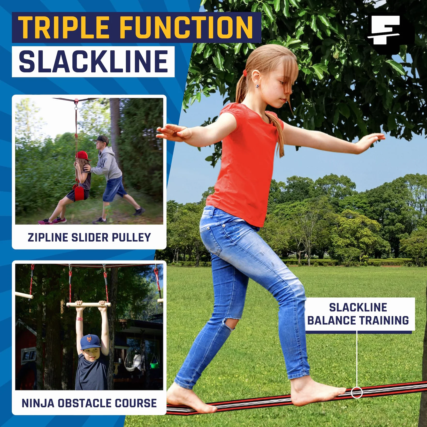 Fofana Parcours d'obstacles Ninja Warrior pour Enfants à l'extérieur de 19,8 mètres - Slider Ninja Inclus - 11 Plus Grands Obstacles de Parcours Ninja - Échelle d'escalade, Anneaux de Gymnastique
