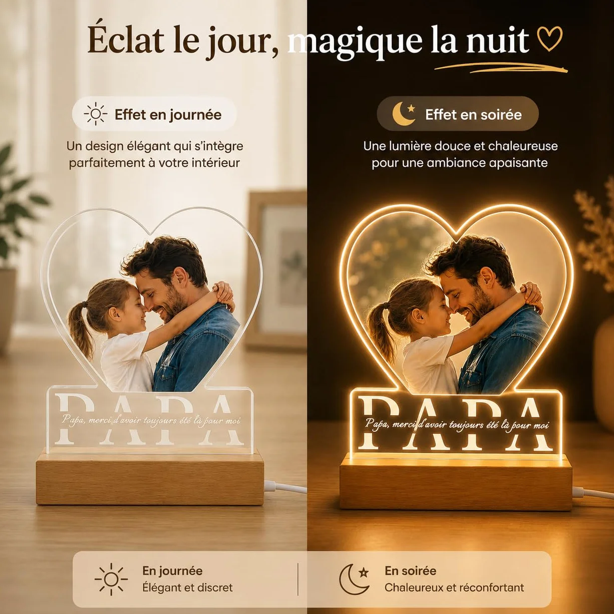 Plaque Personnalisée pour Papa – Lampe Photo Acrylique LED avec Cadre Photo, Cadeau Fête des Pères