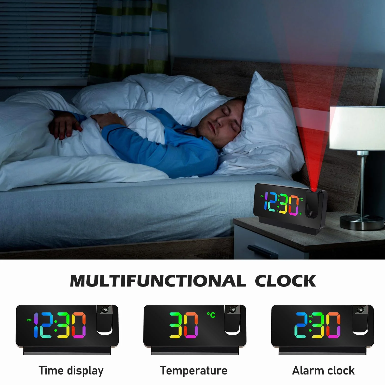 Réveil Projecteur Plafond Numérique LED 180° avec Snooze Température USB