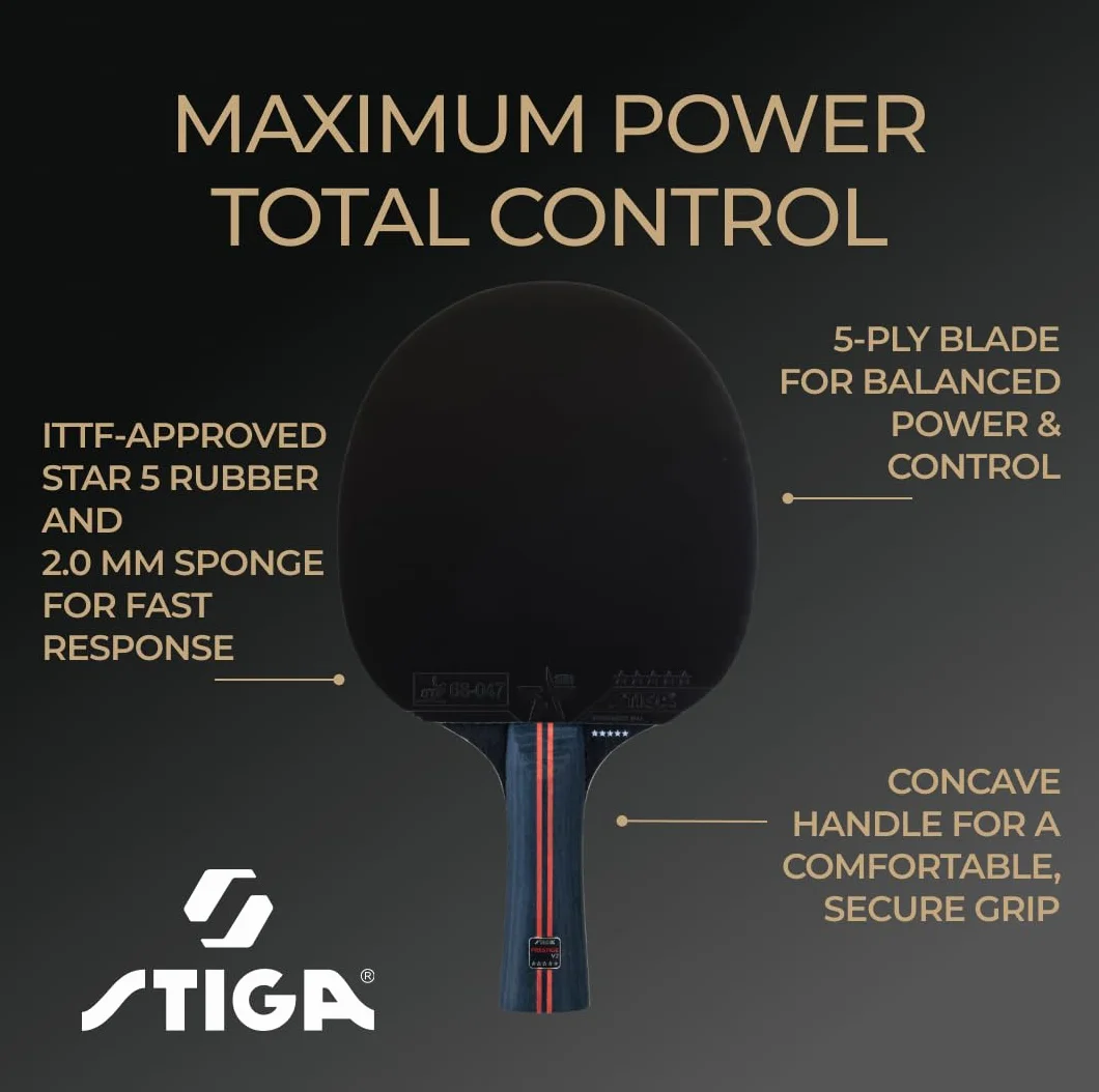 STIGA Raquette de Tennis de Table Prestige V2 – Raquette 5 Étoiles Offensif, Haute Vitesse, Bois 5 Plis, Manche Concave, Technologies ACS & WRB, Revêtement ITTF Star 5, Mousse 2,0 mm