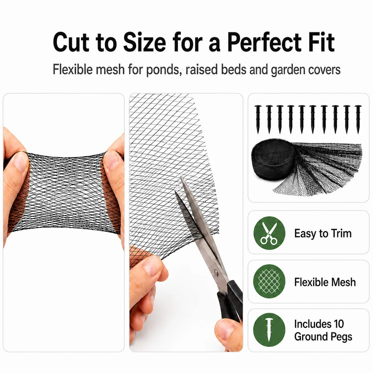Kit de filet pour bassin à koï 4,5 x 6 m Noir Maille fine tissée Protection UV Réutilisable