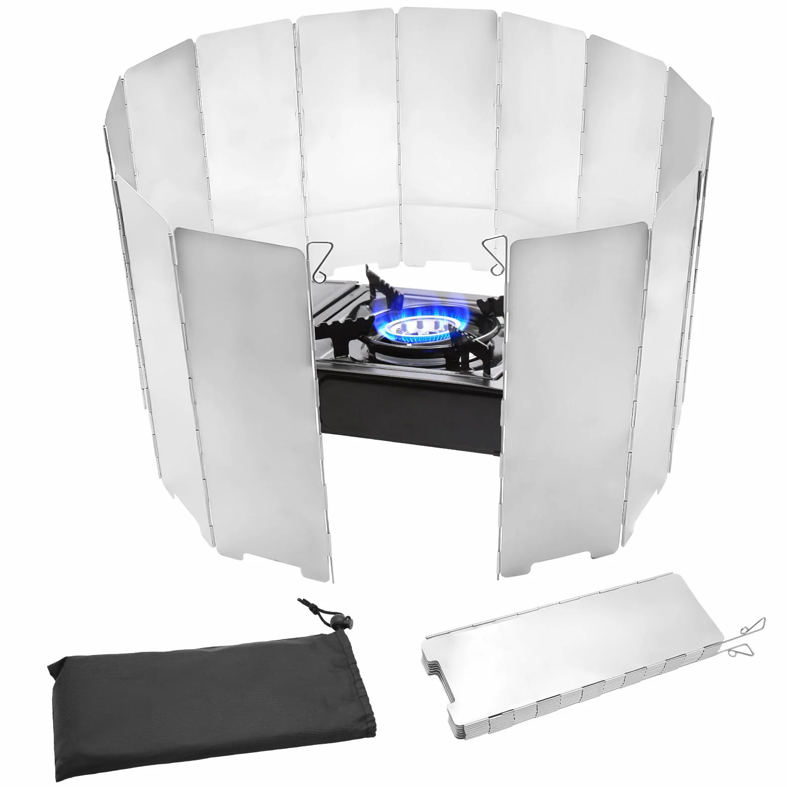 14 Plaques Pare-Vent Pliable Aluminium, Pare Vent Rechaud Gaz, Pare-Brise De Réchaud De Camping avec Sac De Rangement pour Le Camping, Les Pique-Niques et Les Barbecues