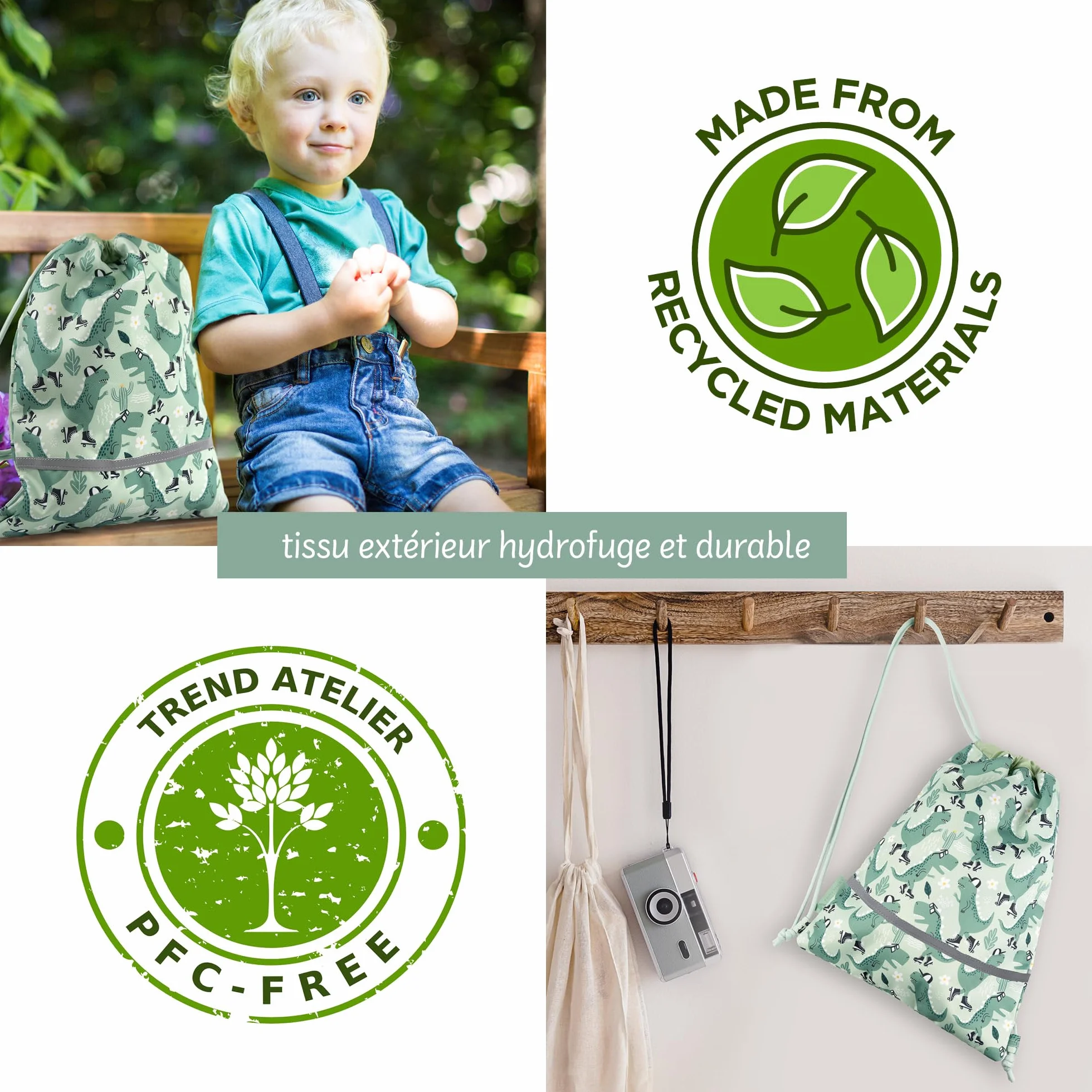 Sac de gym enfant maternelle en polyester recyclé – imperméable, sans PFC, avec réflecteurs et sangle poitrine