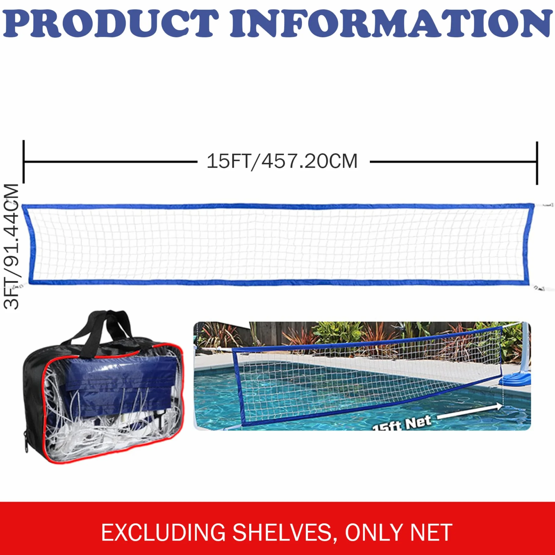 Filet Volleyball Piscine 15×3 Pieds avec Sac Portable, Jeux d'Eau Extérieur
