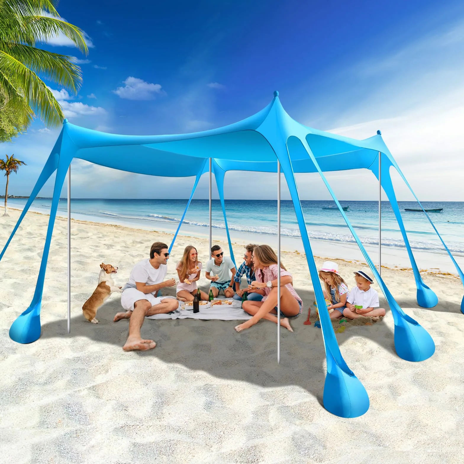 Rhino Valley UPF50+ Tente de Plage, Tente de Jardin Anti-Soleil avec 8 Sacs de Sable à Insertion, Abris de Plage Extérieurs avec 4 Poteaux de Support pour Pique-Niques