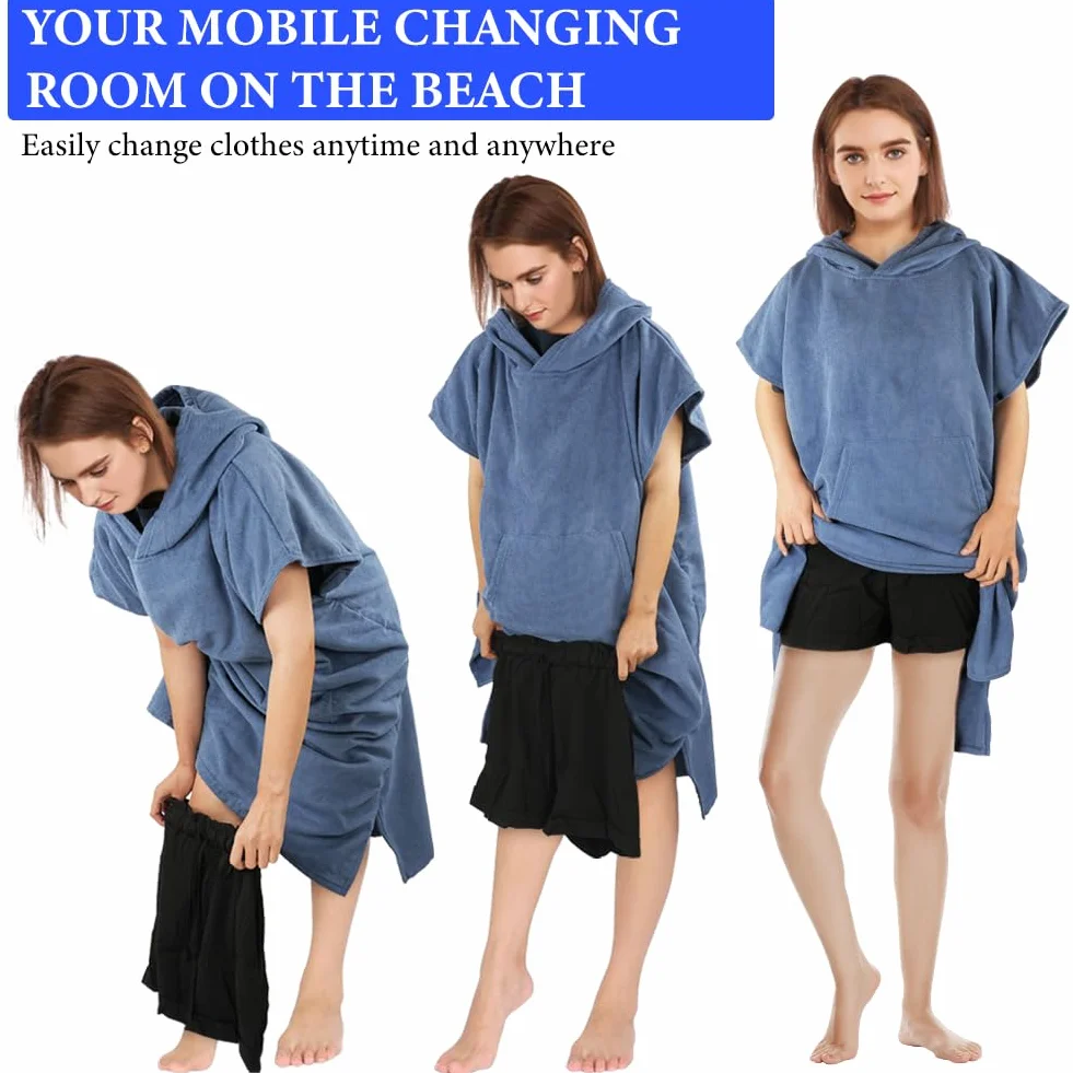 AUYAO Poncho de Plage Adulte, 110 * 78 cm Peignoir de Bain avec Poche pour Homme Femme, Peignoir Rapid Séchage et Léger, Serviette de Surf avec Capuche pour Plage Natation Plongée