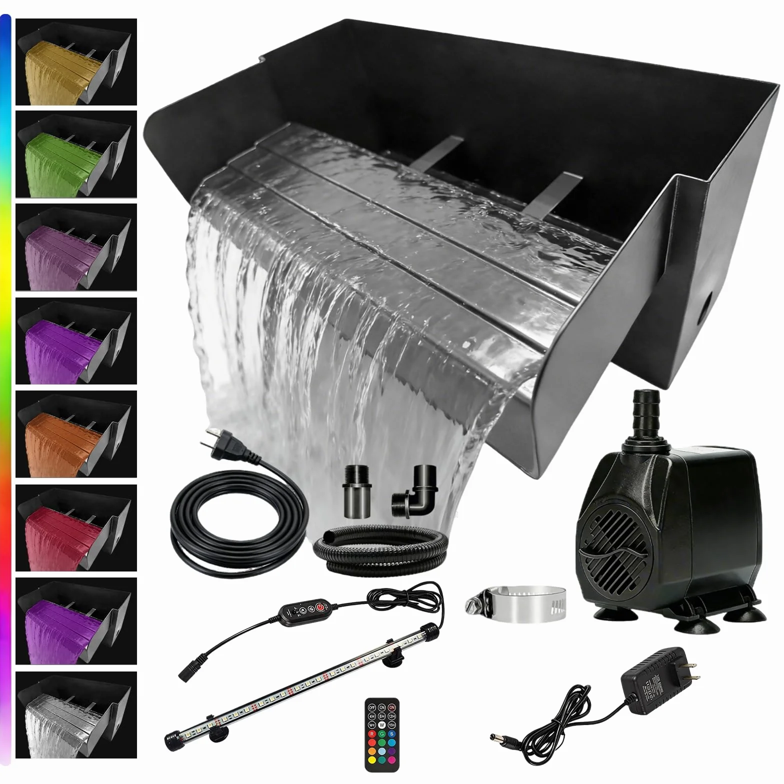 Cascade pour Bassin de Jardin en Acier Inoxydable 30 cm avec Éclairage LED Fontaine 45 W 3000 L/H