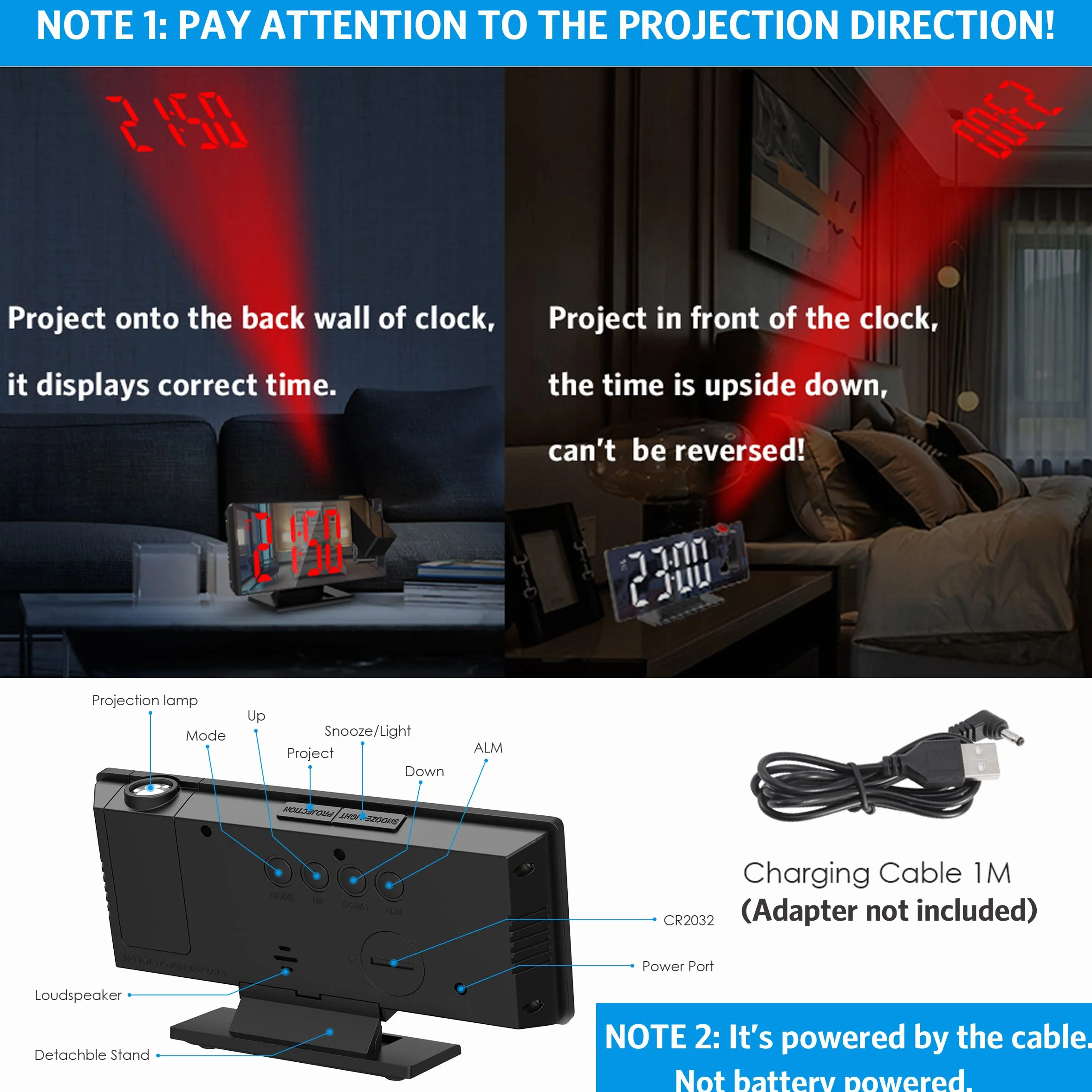 Réveil Projecteur Plafond LED Miroir Horloge Digitale Projection 180° USB