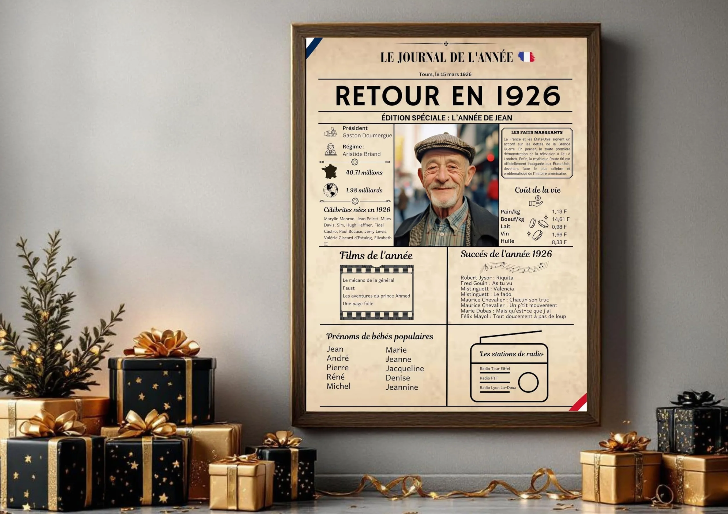 Affiche Année 1926 Personnalisée avec Photo – Journal de Naissance Vintage – Cadeau Anniversaire 99 Ans