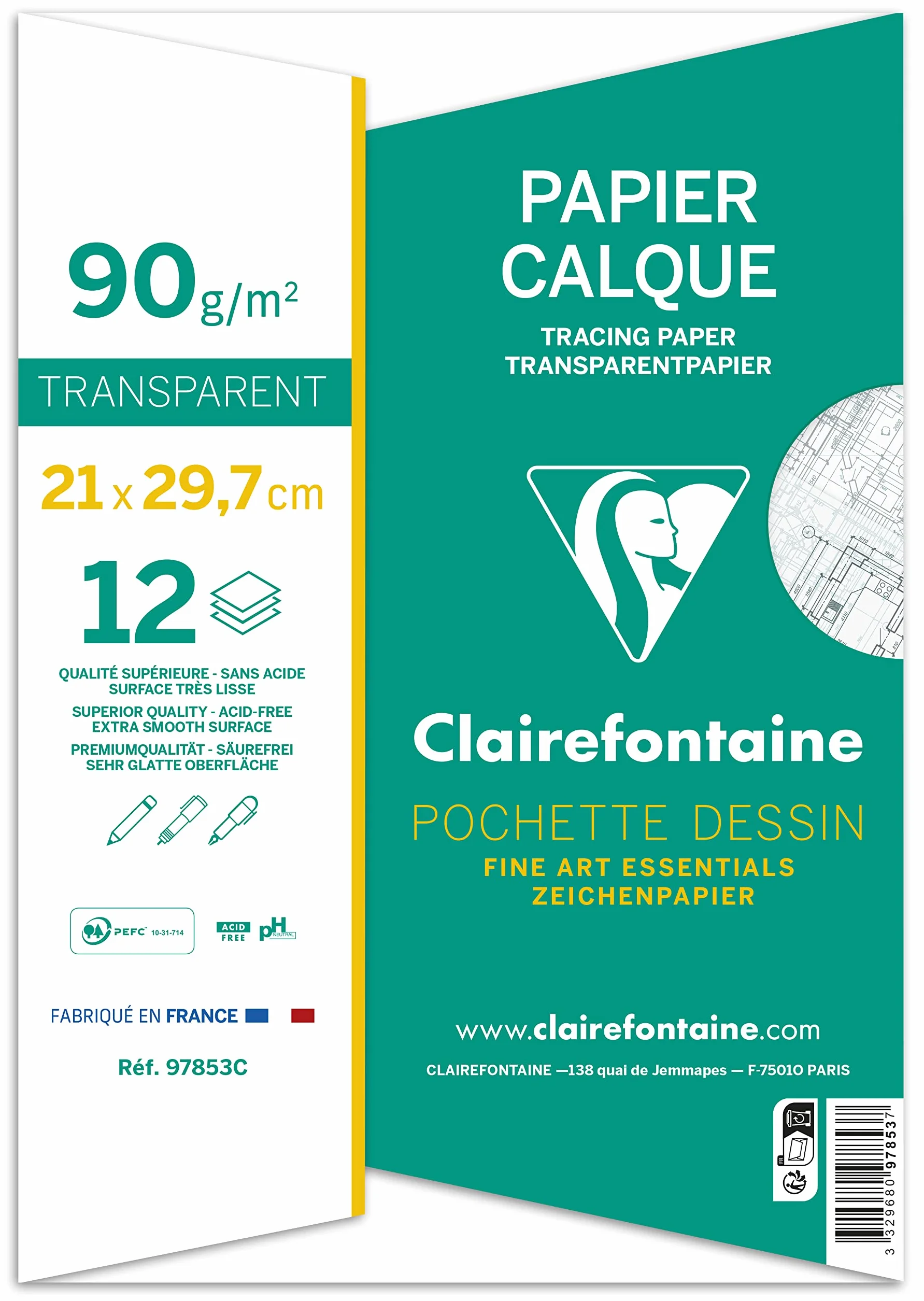 Clairefontaine Pochette Dessin Scolaire Papier Calque A4 21x29,7 cm 90/95g 12 Feuilles