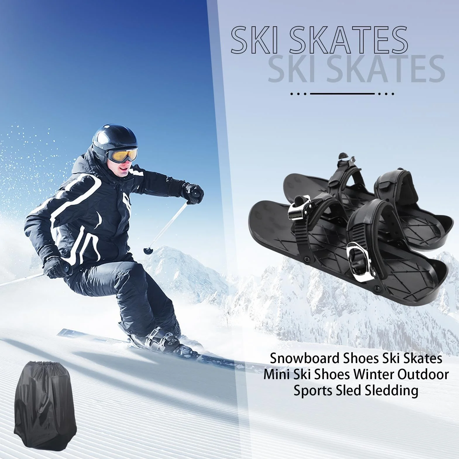 Mini Ski Skates, Chaussures De Ski Courtes Bottes Patins Neige, Skis Patins Neige Planches Courtes Chaussures Patinage Glace, Réglables Mini Skis Patinage Glace Raquettes Neiges Patinages Extérieur