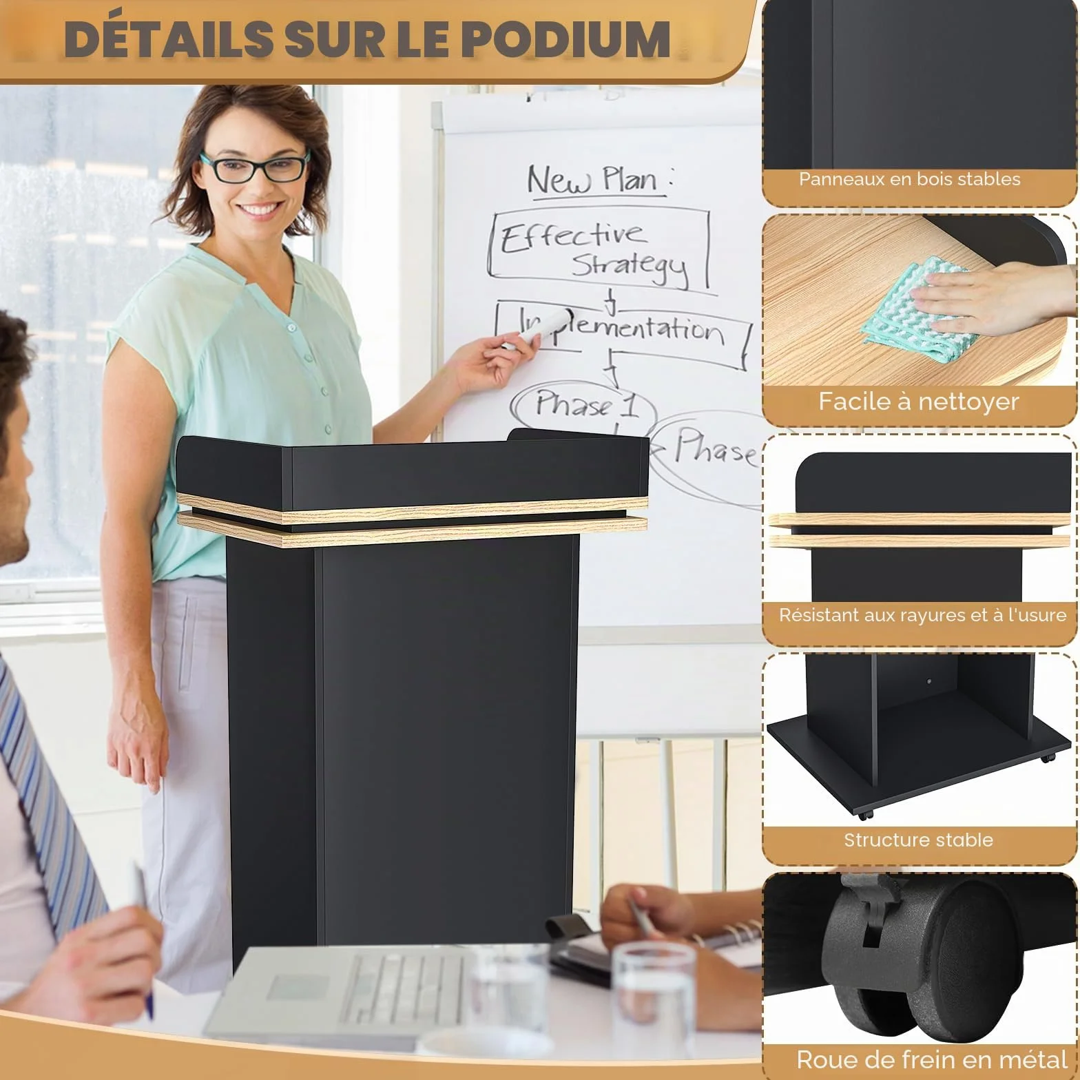 Podium en bois massif premium avec tiroir extensible, roues et compartiment double couche pour église, conférence, école