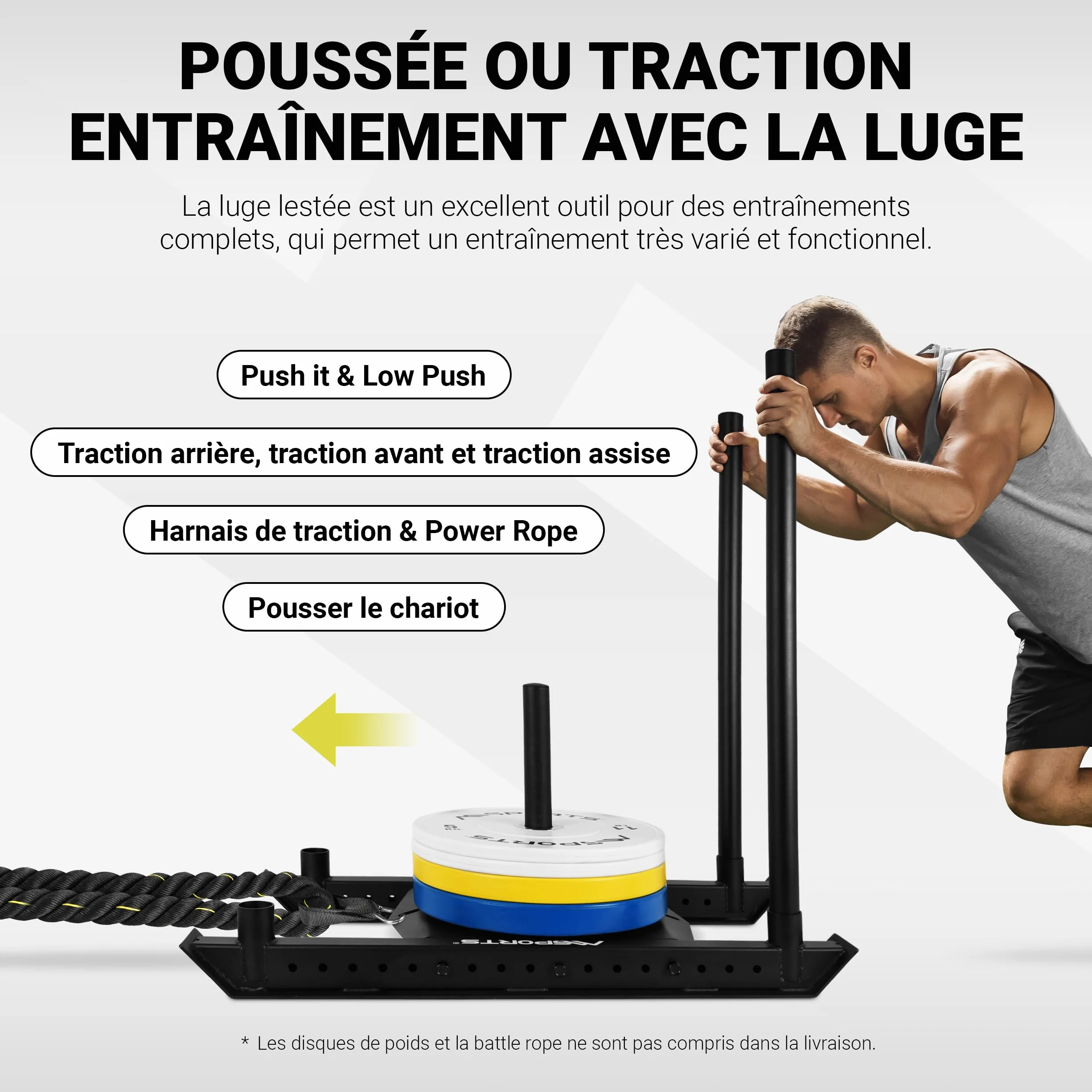 MSPORTS Luge lestée de qualité supérieure - Power Sled, luge de sprint et de traction, entraînement de force rapide, exercices de pression et de traction, noir