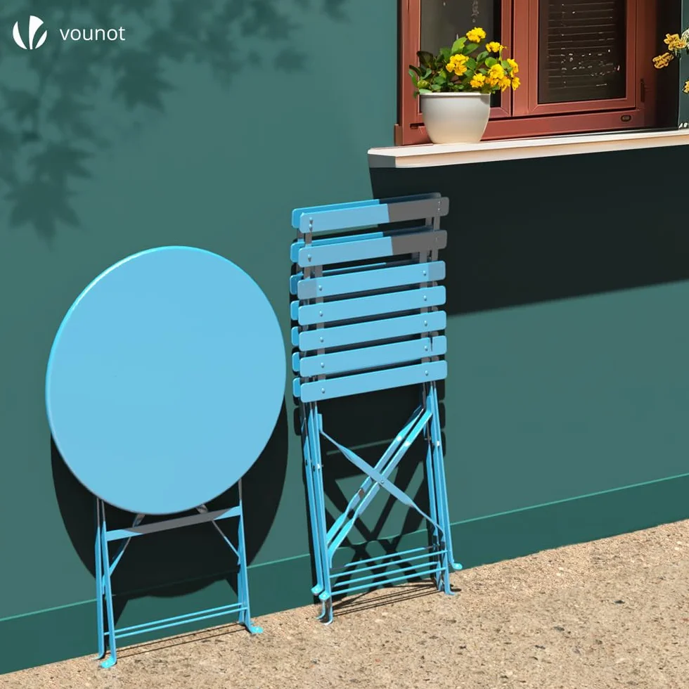 vounot® Set de Bistro 3 pièces Table et 2 Chaises Pliantes en Acier pour Extérieur Bleu