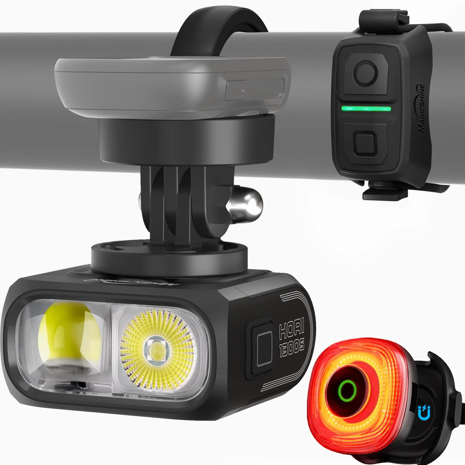 Magicshine Éclairage vélo HORI1300S et SEEMEE150 MAG Avant et arrière, Commande Tactile FTR LightSync, éclairage Avant 1300 LM et éclairage arrière magnétique 150 LM, Rechargeable par USB-C