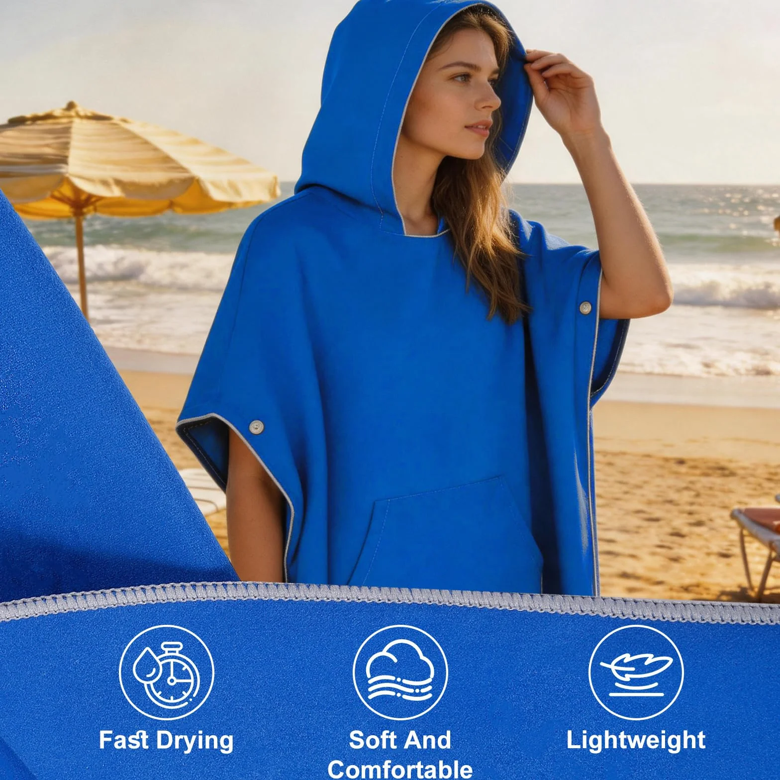 Poncho Surf Microfibre Adulte, Serviette Poncho de Bain avec Capuche Séchage Rapide Léger et Compact, Peignoir à Langer Serviette Plage pour Surf Natation Piscine Sports Aquatiques Homme Femme(Moyen)