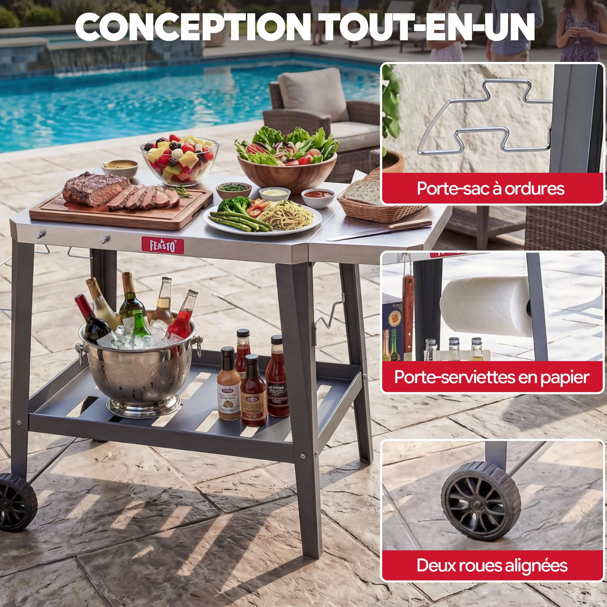 Feasto 2-Étagère Desserte de Jardin Pliable, Chariot de Barbecue Acier INOX, Gris