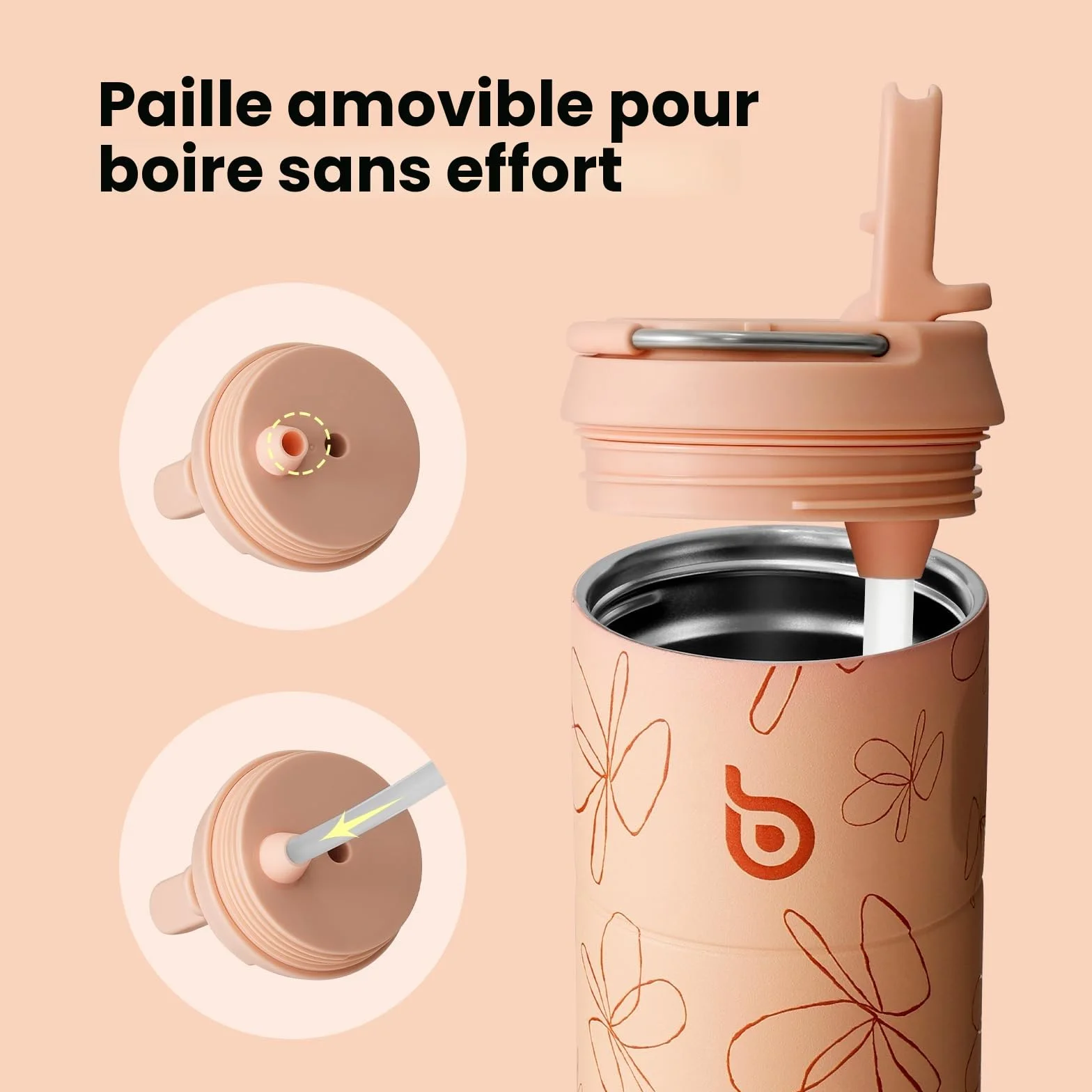 bottlebottle Gourde en acier inoxydable avec paille, 500 ml, sans BPA, couvercle anti-fuite, idéale pour l'école, le bureau, la randonnée et les excursions (motif de fleurs jaunes)