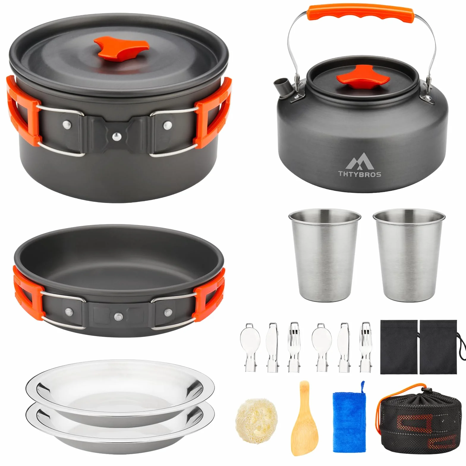 Ensemble de Batterie de Cuisine Camping 17 Pièces, Casserole et Bouilloire en Aluminium Anodisé Dur avec 2 Tasses, 2 Assiettes et Couverts en Acier Inoxydable pour Randonnée, Trek et Pique-nique