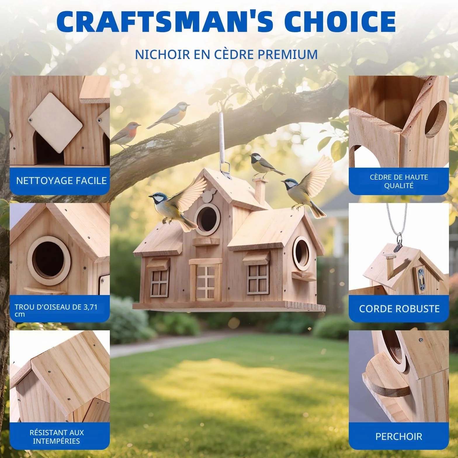 Nichoir à oiseaux décoratif en bois pin naturel double entrée
