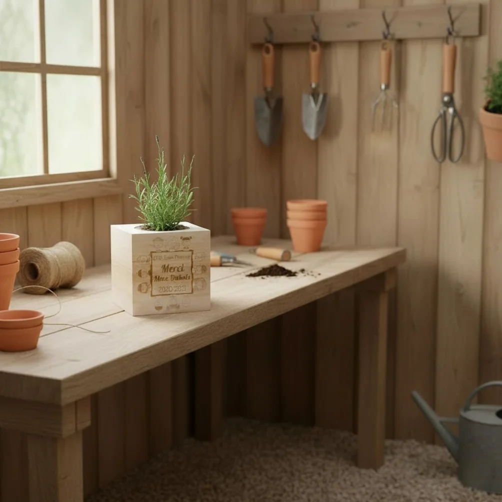 Ecocube gravé Merci Maîtresse Lavande Plantes dans un Cube en Bois Cadeau Durable