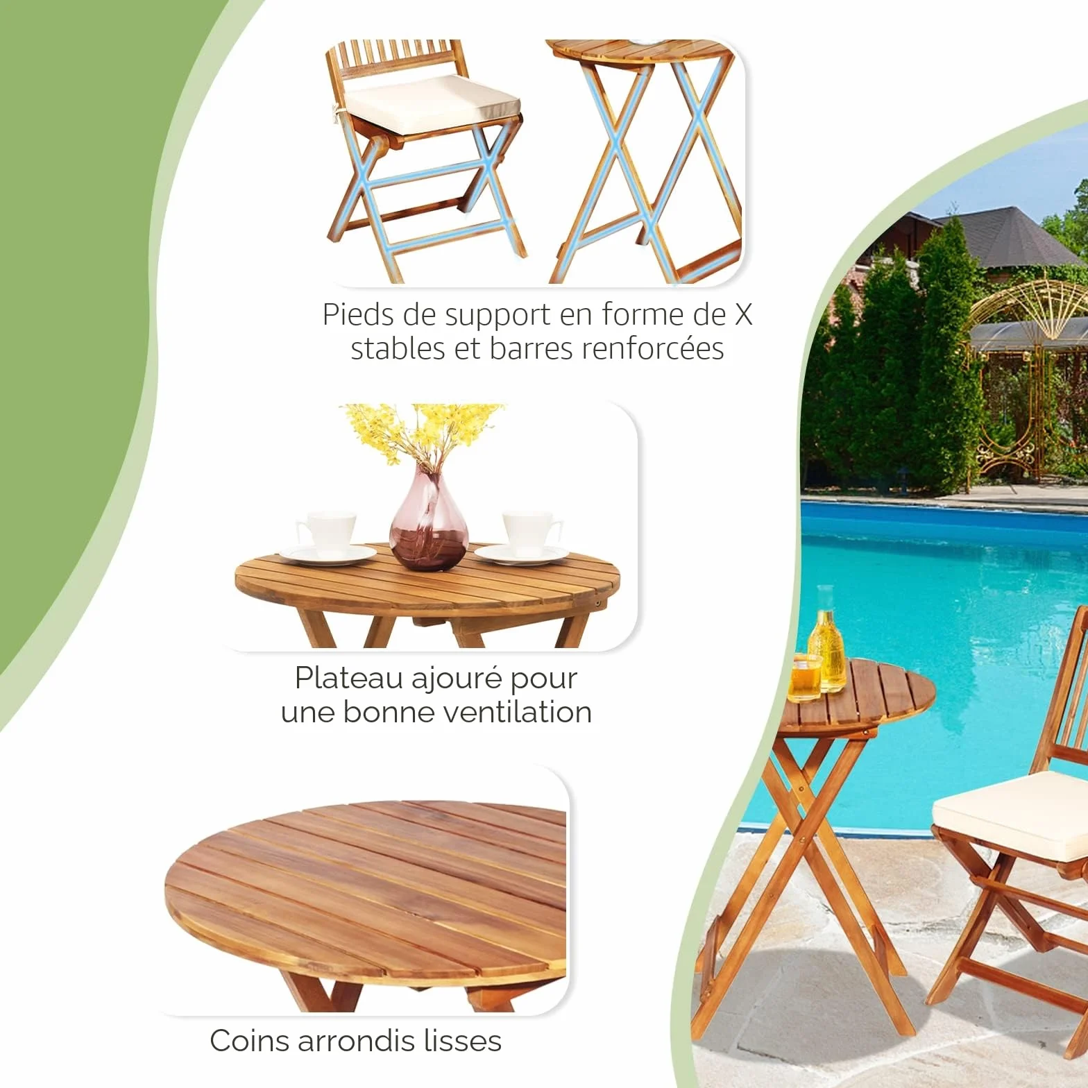 GIANTEX Salon de Jardin 2 Personnes Bois d'Acacia, Table Extérieure avec Chaise, Coussins Amovibles, Beige Naturel