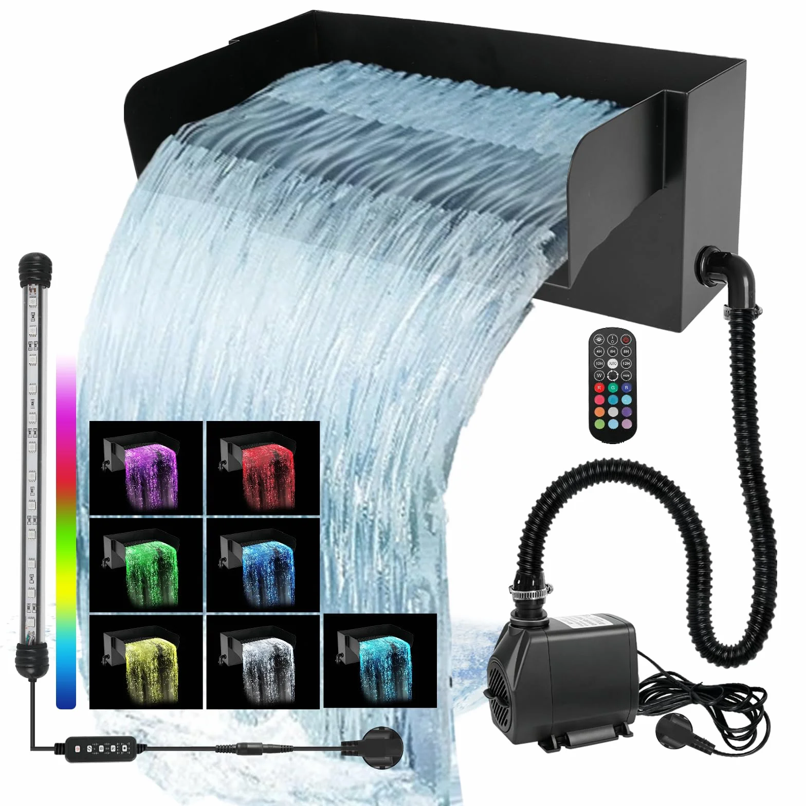 Kit de filtre cascade bassin 45 W 3000 l/h acier inoxydable 30 cm LED colorée