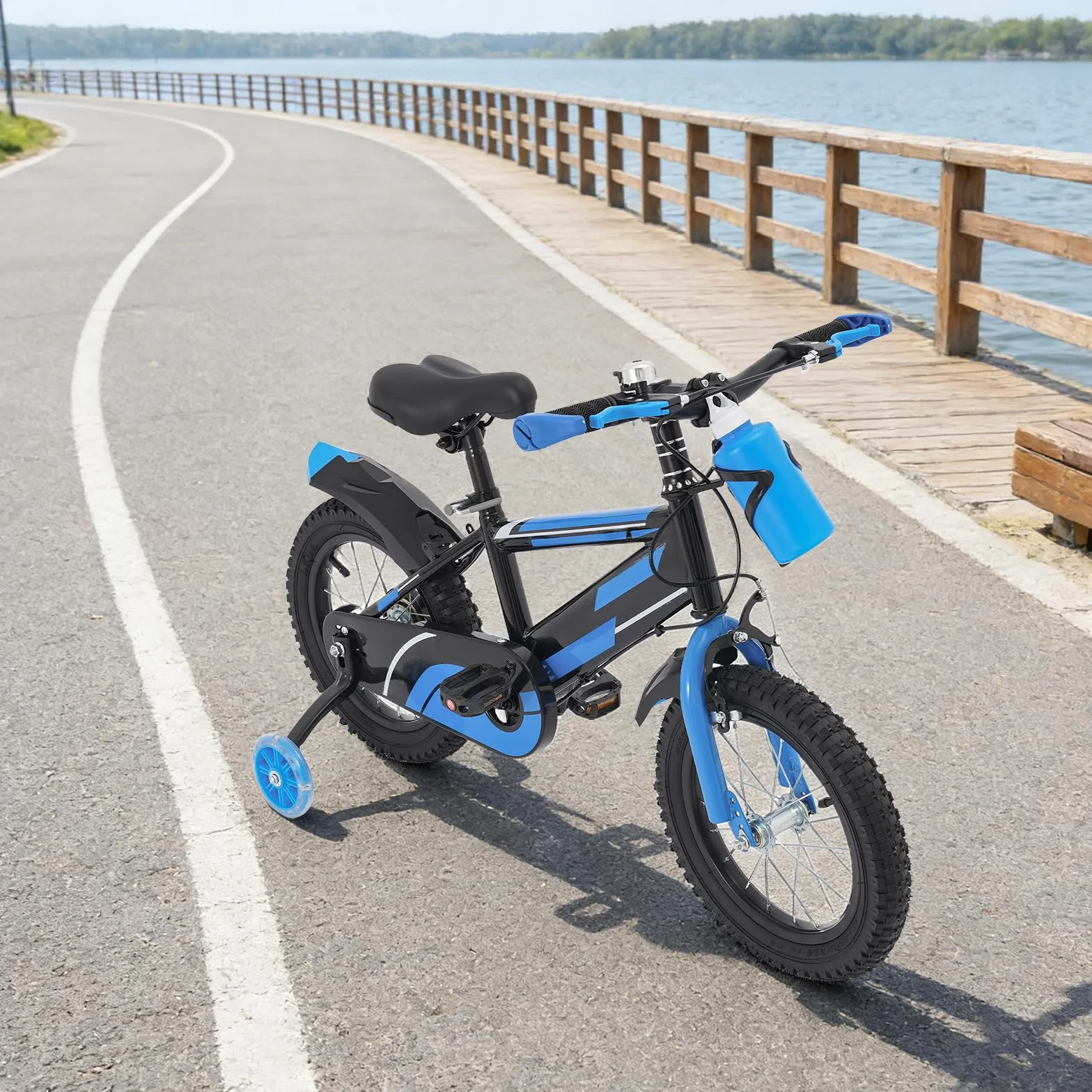 Vélo pour enfant de 14 pouces, pour garçons et filles à partir de 3 à 7 ans, vélo avec roues stabilisatrices et bouteille d'eau, hauteur réglable, double système de freinage, vélo en acier au carbone