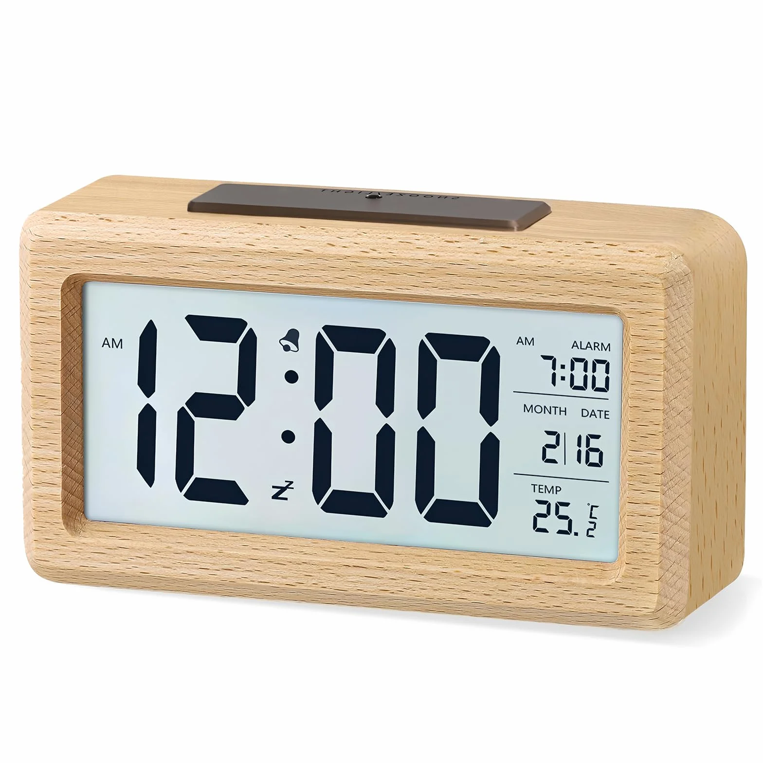 aboveClock Réveil Numérique en Bois avec LCD, Date, Température, Snooze, Alimenté par Piles AAA
