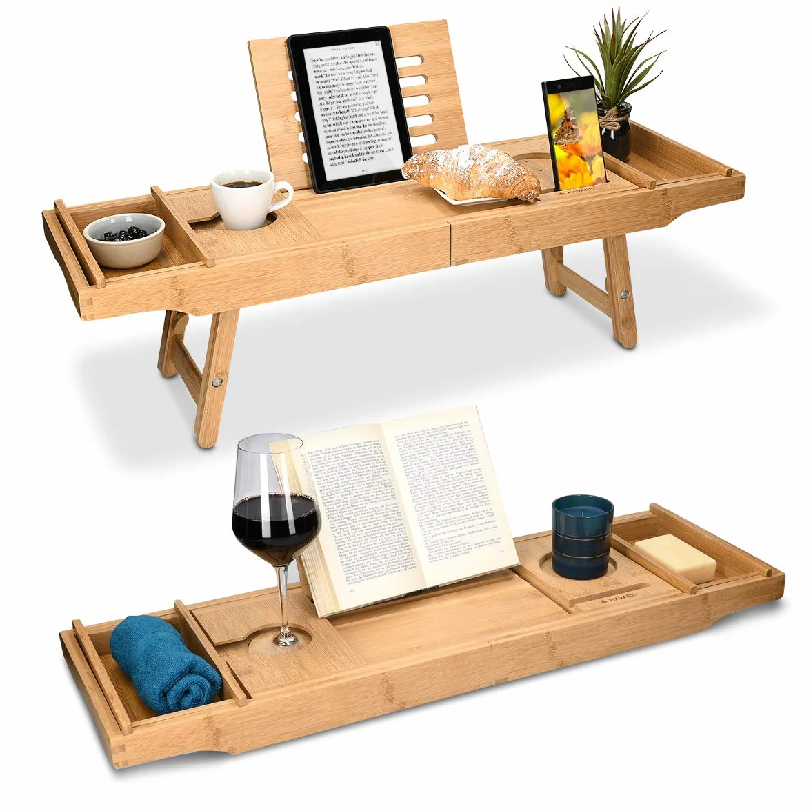 Navaris Pont de Baignoire Extensible Bambou Plateau de Bain Pied Pliable Support Tablette Livre Téléphone Verre