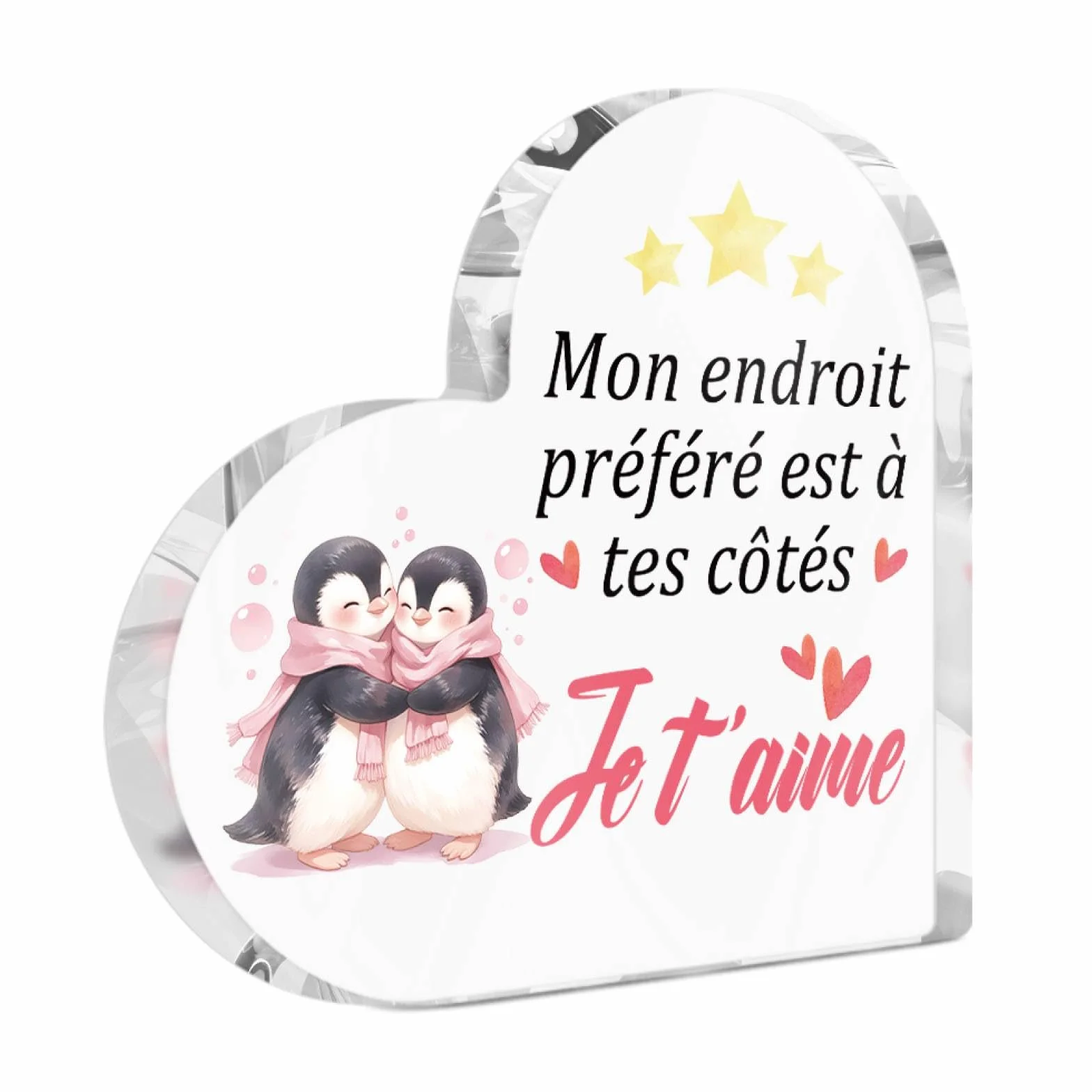 Panneau Acrylique Cœur Pingouins Je T’aime Décoration Cadeau Couple Saint-Valentin