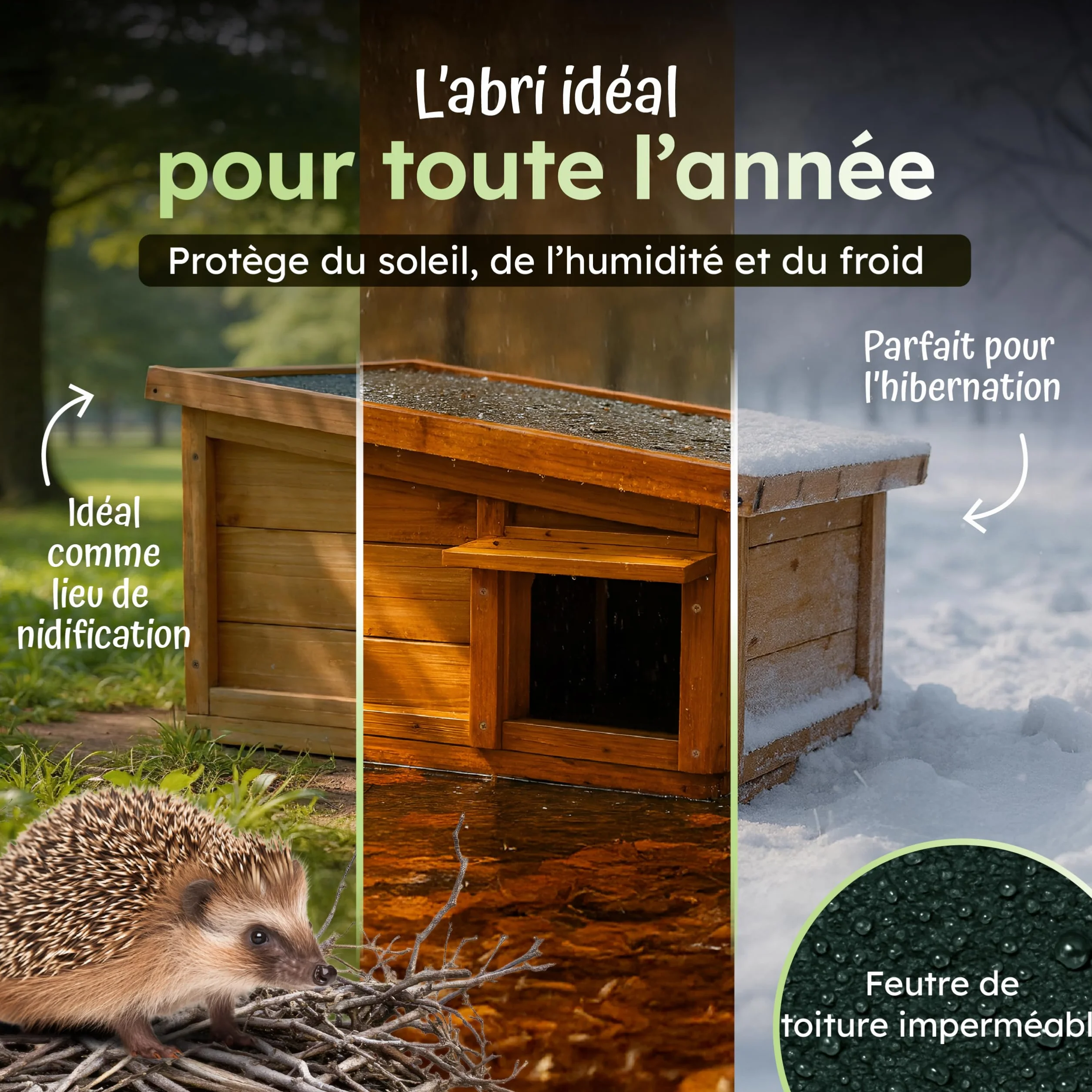 Moorland Cabane pour Hérissons en Bois FSC 45×41 cm – Maison Herisson Extérieur avec Toit Étanche & Amovible, Entrée Labyrinthe Ventilée – Modèle IH2