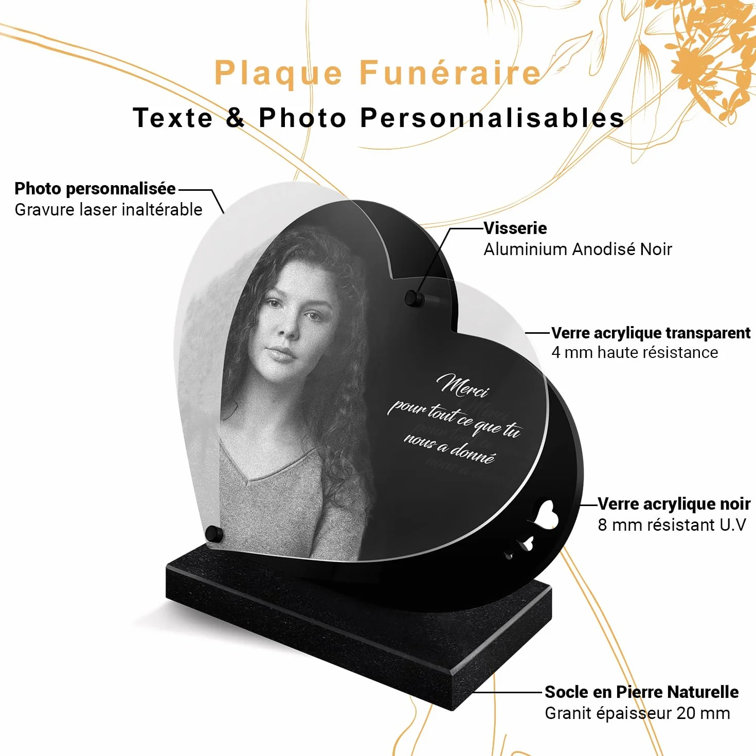 Plaque Funéraire Personnalisée Cœur Perpétuel Gravée au Laser Plexiglass pour Hommage