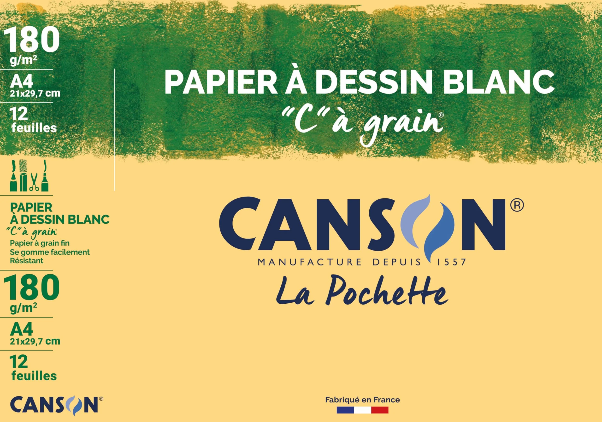 CANSON C à Grain Papier Dessin Blanc A4 180g/m² Pochette 12 Feuilles