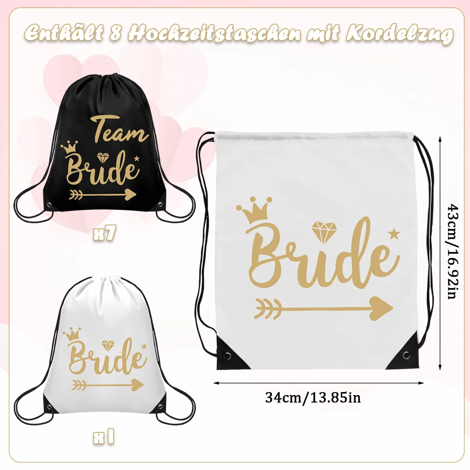 Lot de 8 sacs de gym avec cordon de serrage - Pour enterrement de vie de jeune fille - Pour fiançailles, JGA - Cadeau de mariage, Noir