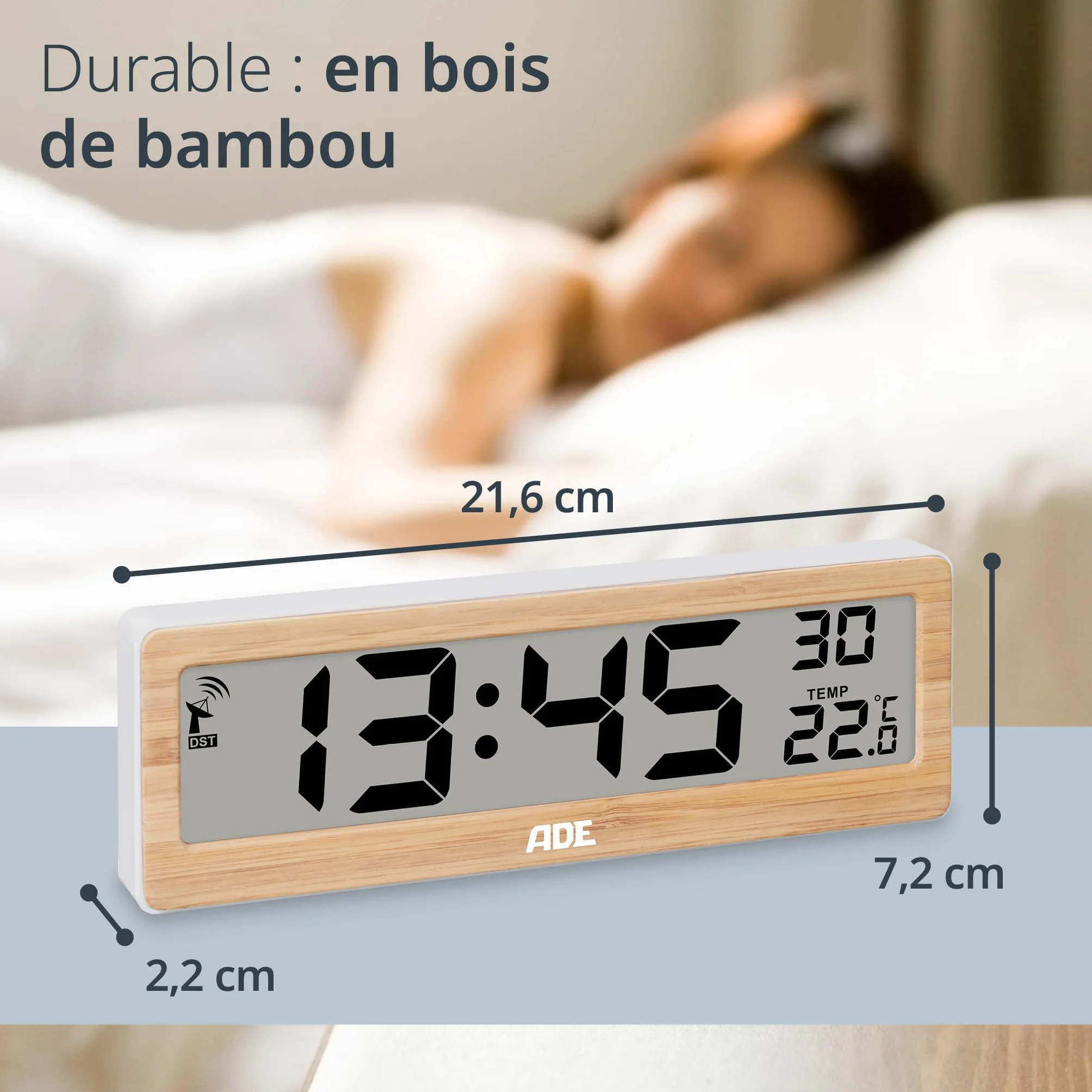 ADE Horloge radiopilotée numérique grands chiffres affichage température cadre bambou véritable
